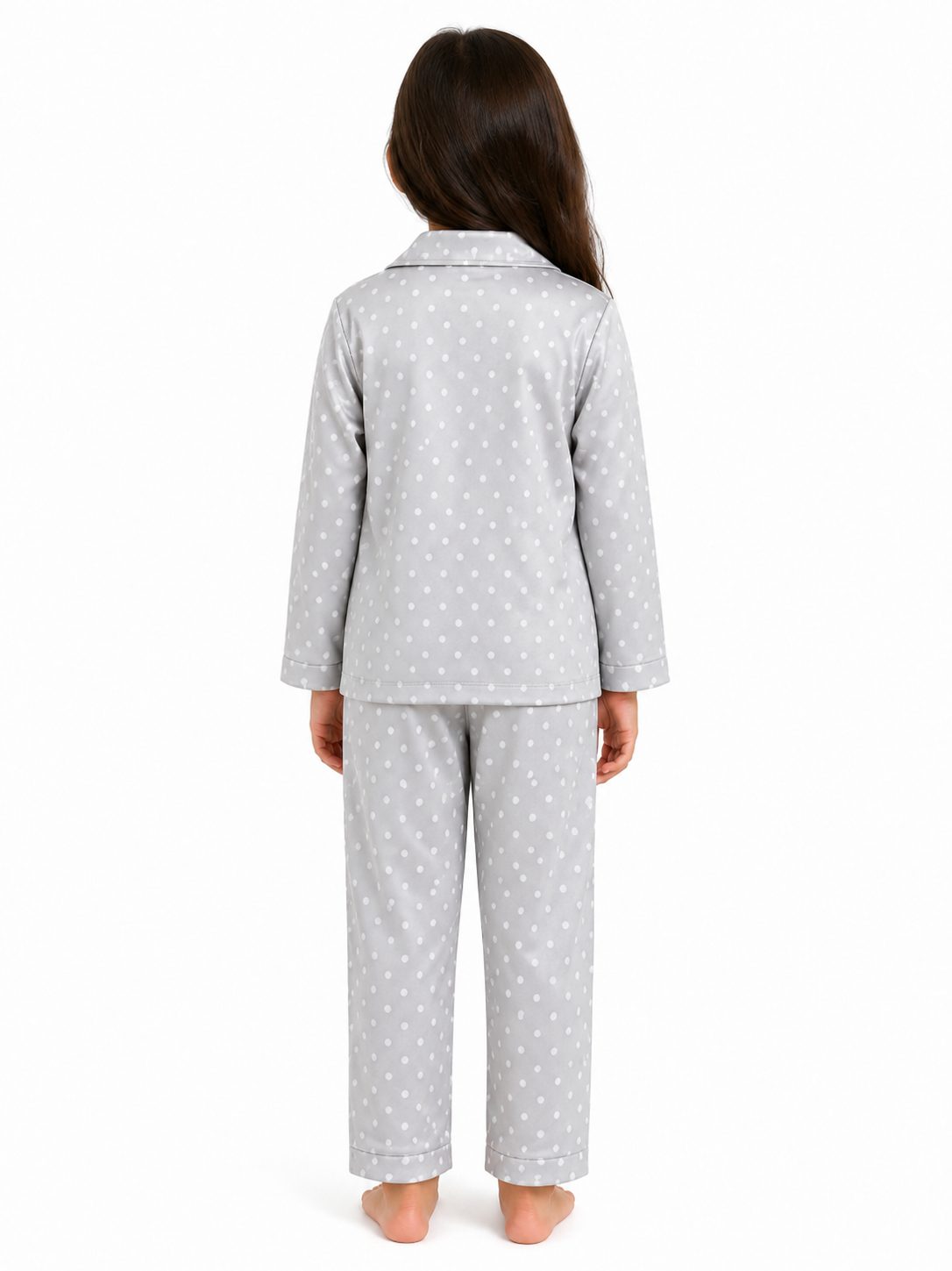 Girls Grey Polka Dot Printed Satin Nightsuit Set