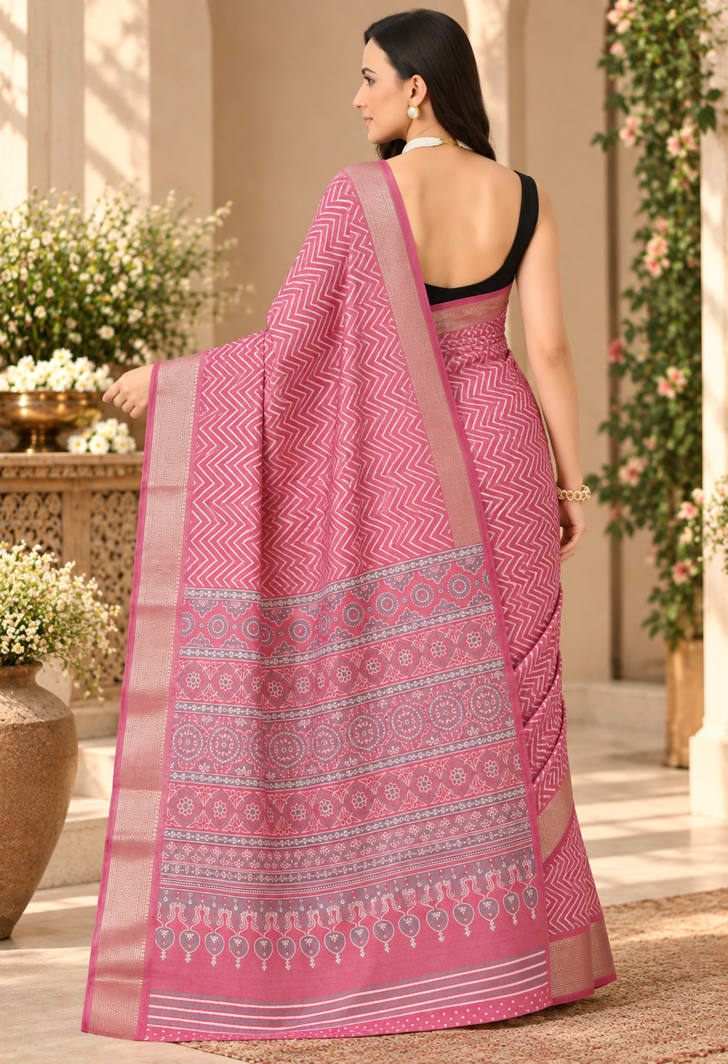 Elegant Pink Printed Saree with Intricate Patterned Pallu