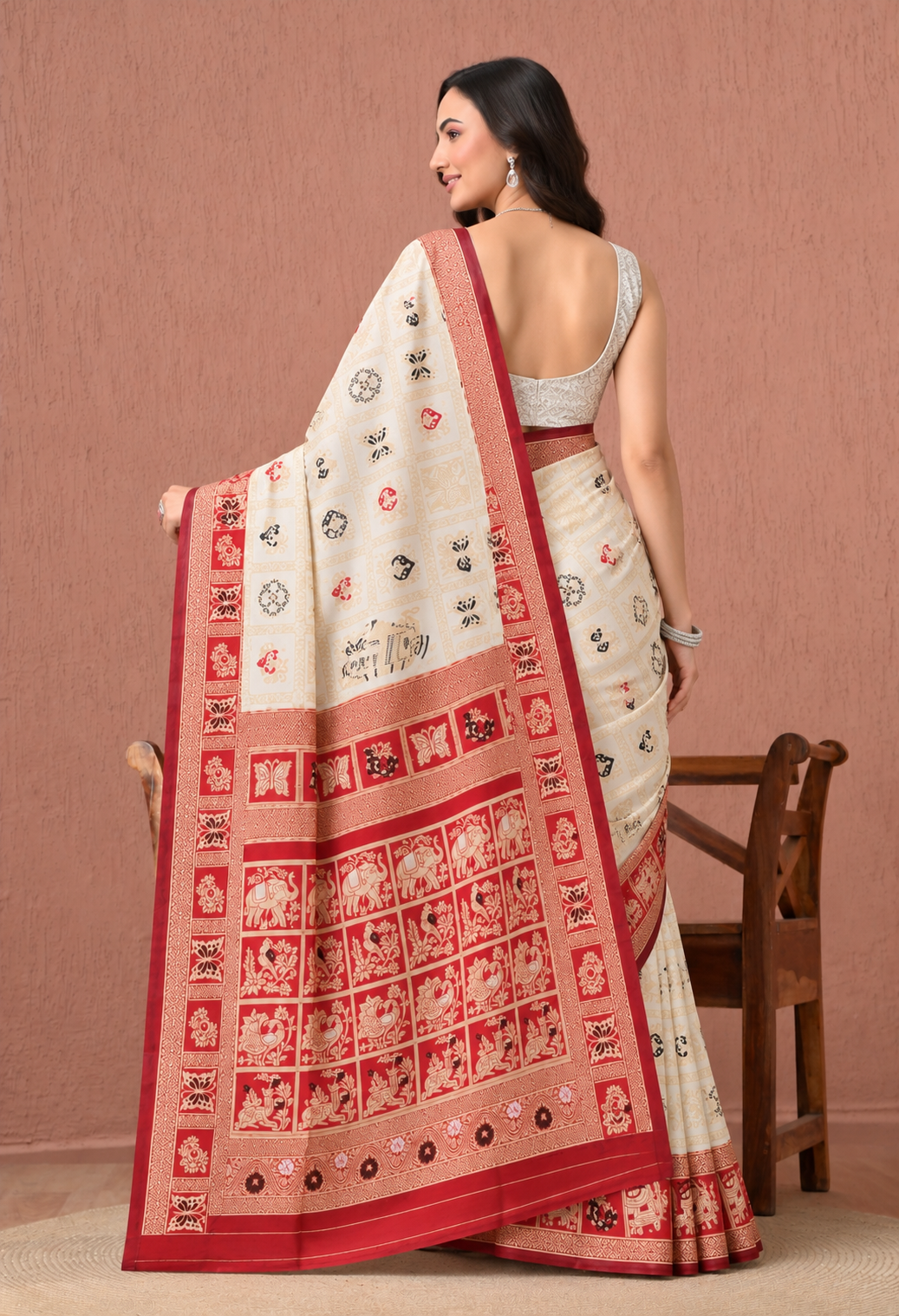 Off-White Printed Saree with Red Traditional Border & Designer Pallu