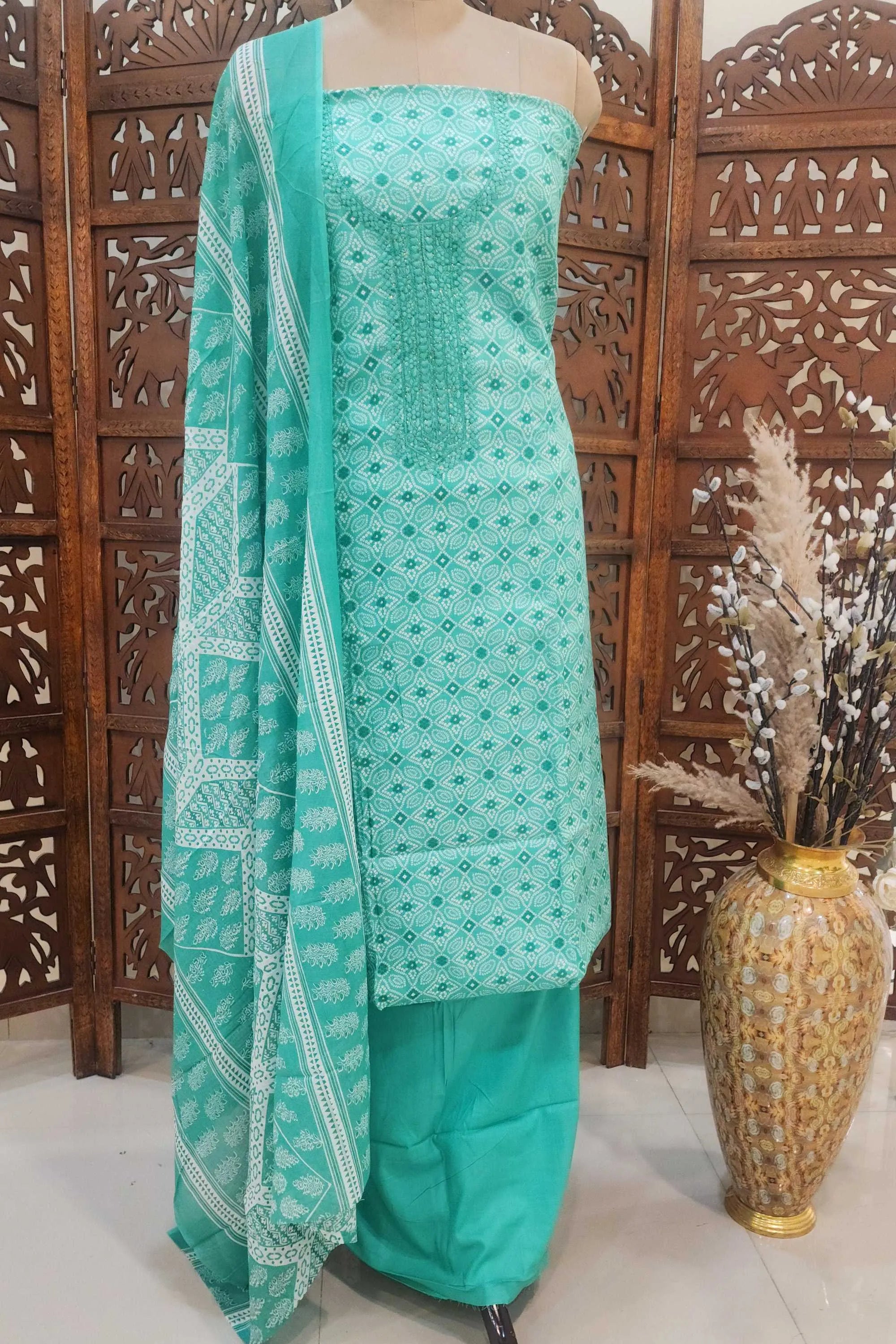 Unstitched Sea Green Cotton Bandhani Printed Dress Material with Embroidered Neckline