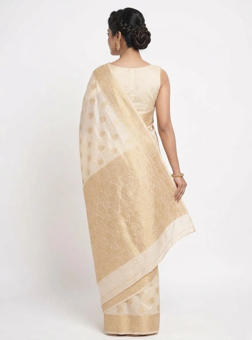 Off-White & Gold-Toned Banarasi Silk Blend Woven Design Saree