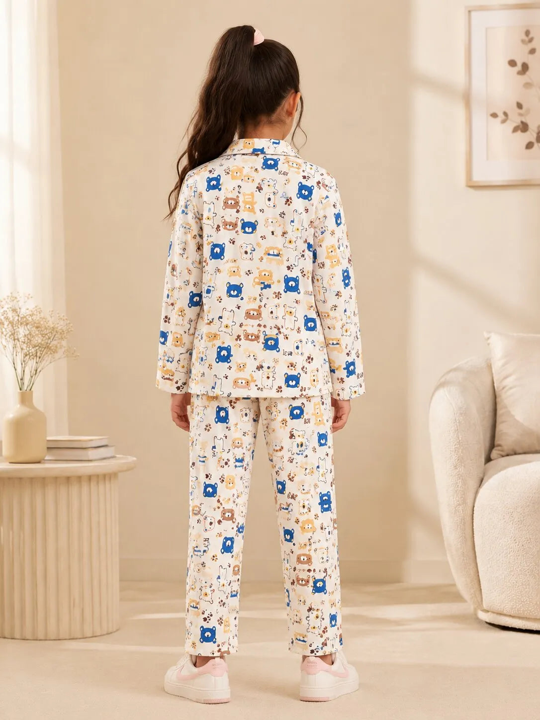 Girls Bear Print Luxury Satin Night Suit – Full Sleeve Shirt & Pajama Sleepwear Set