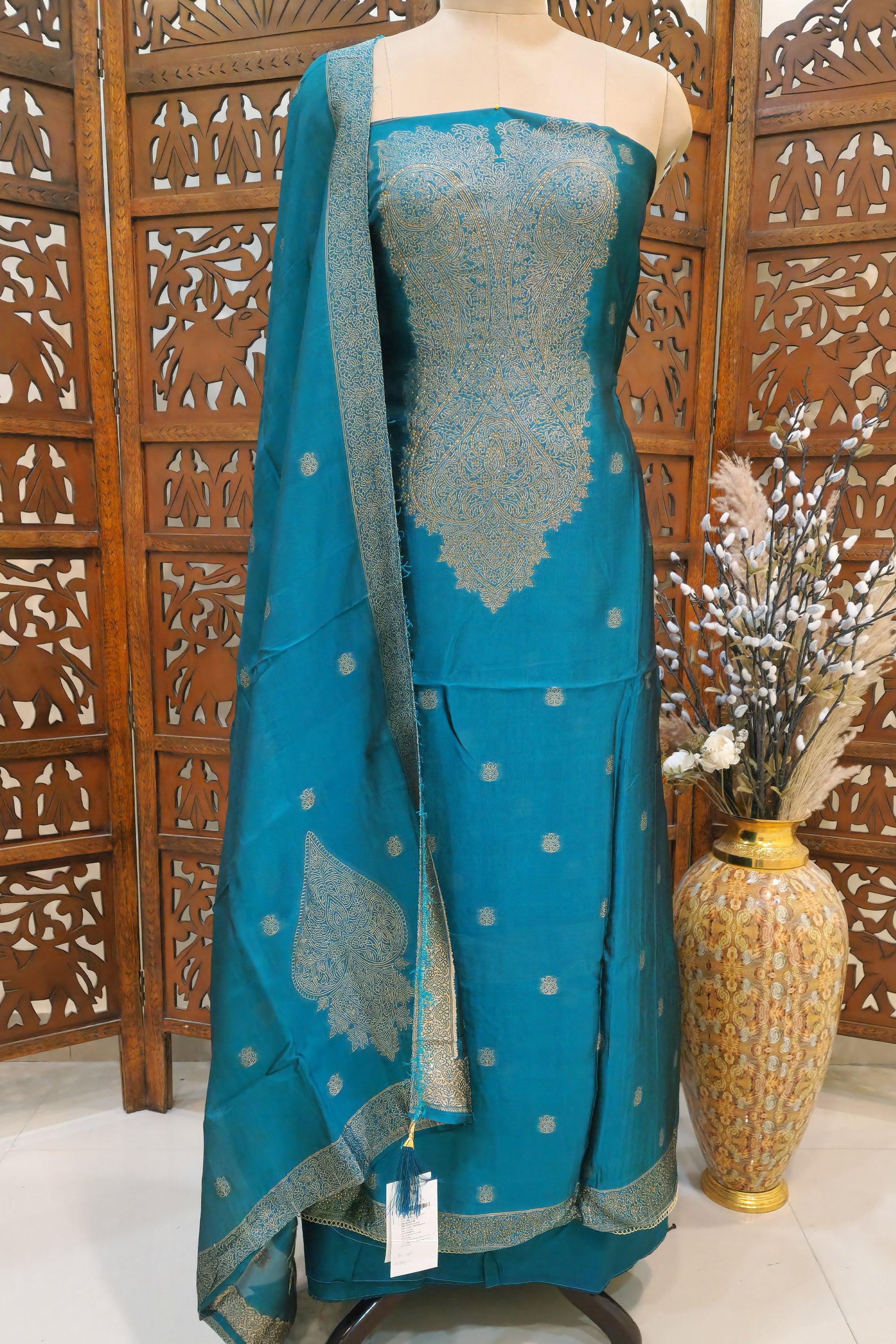Women Teal Blue & Gold-Toned Zari Woven Siolk Blend Unstitched Dress Material