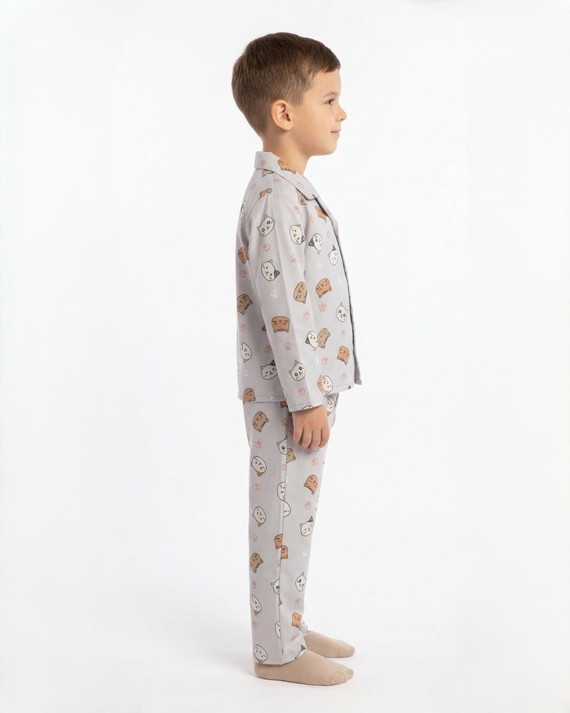Kids Boys Grey & Orange Cat Printed Satin Night Suit