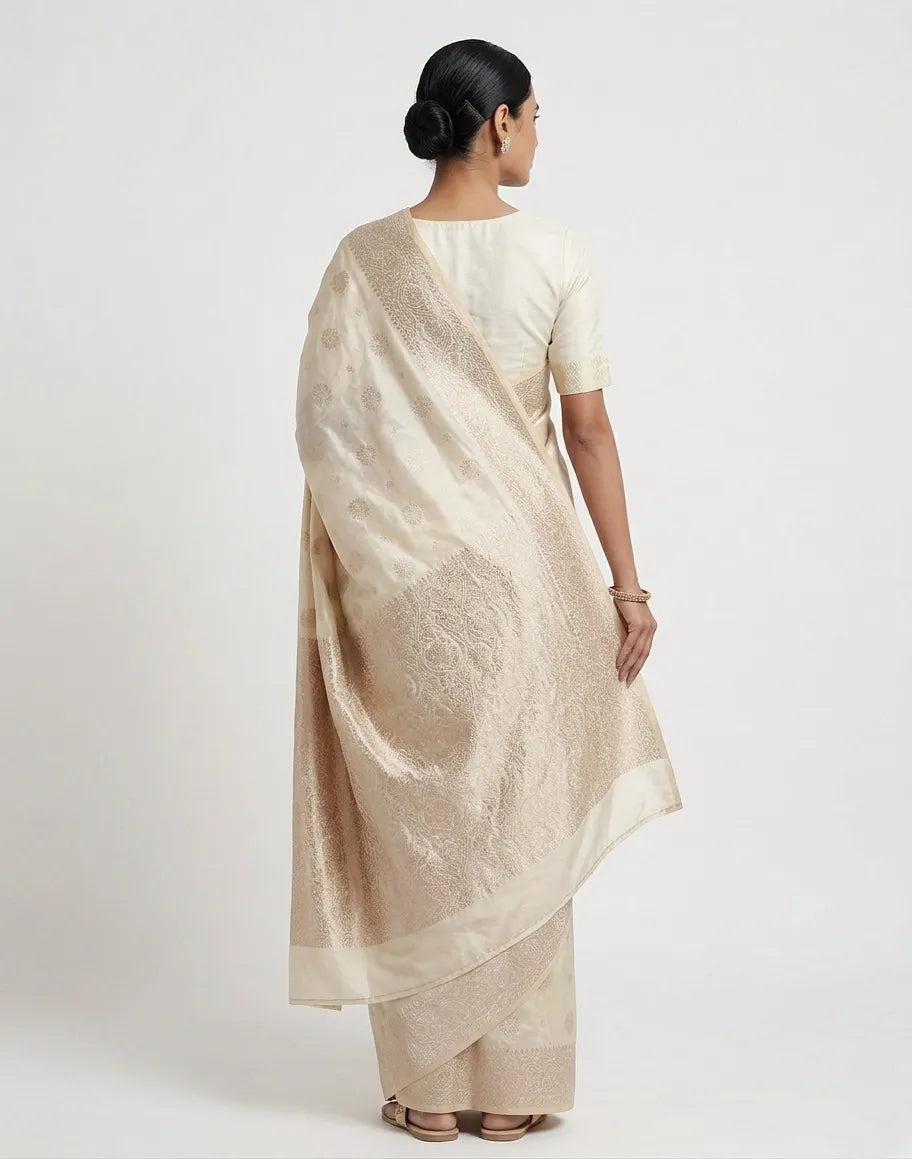 Elegant Off-White & Gold-Toned Banarasi Silk Blend Woven Design Saree