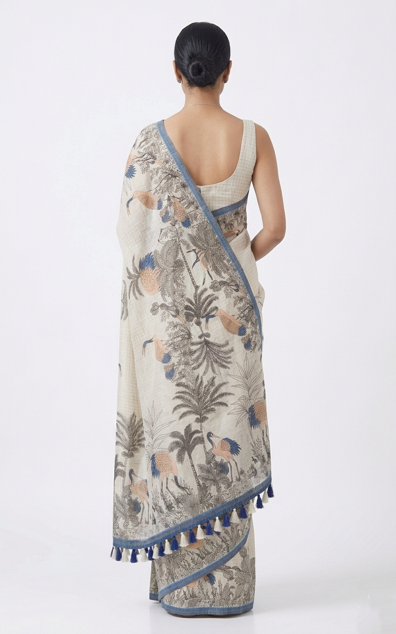 Off-White Cotton Warli Art Inspired Crane Print Saree