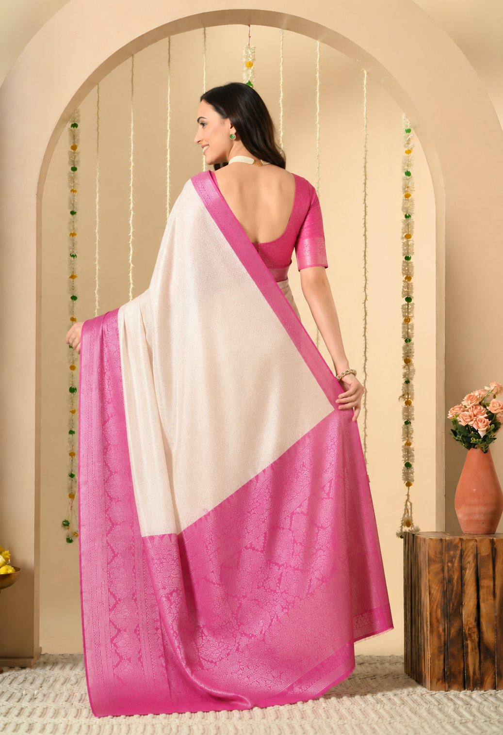 Women Pink & Cream Art Silk Woven Design Saree