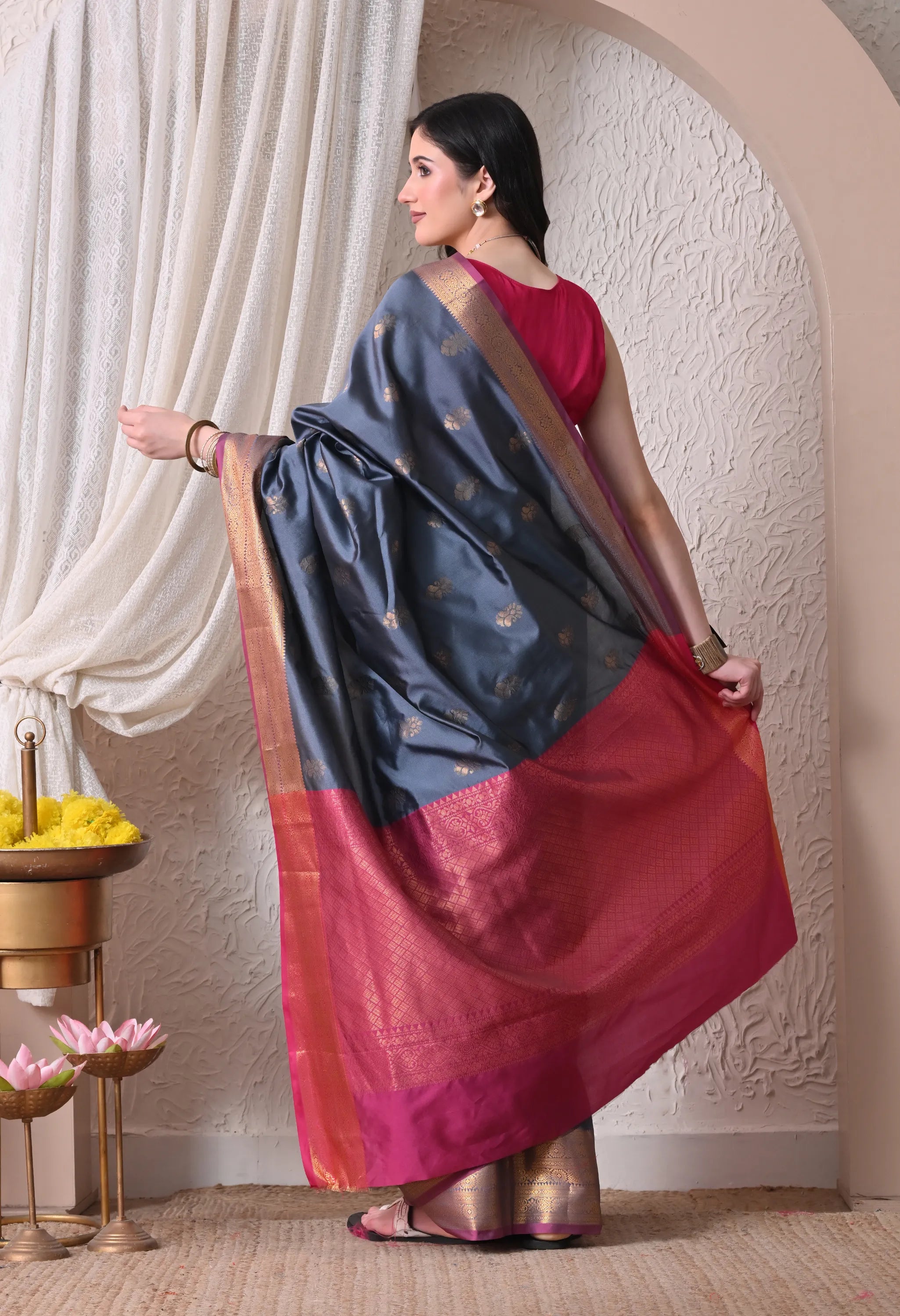 Regal Steel Grey Silk Blend Chanderi Style Saree