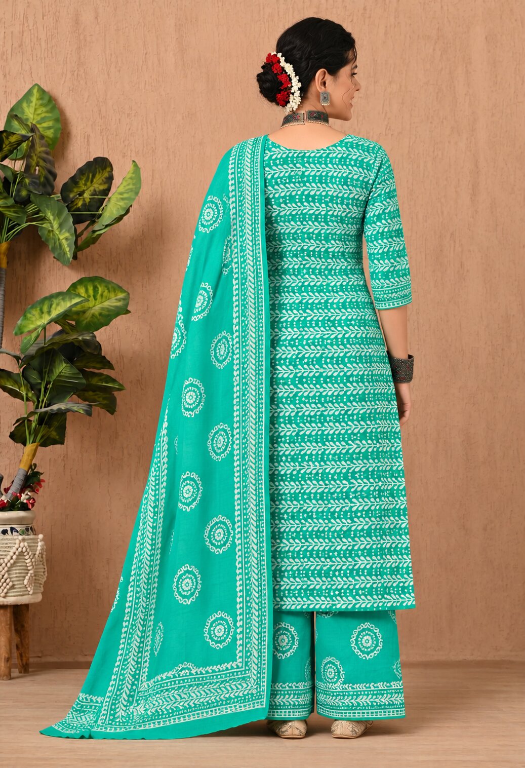 Turquoise Green Cotton Printed Suit Set with Matching Cotton Dupatta