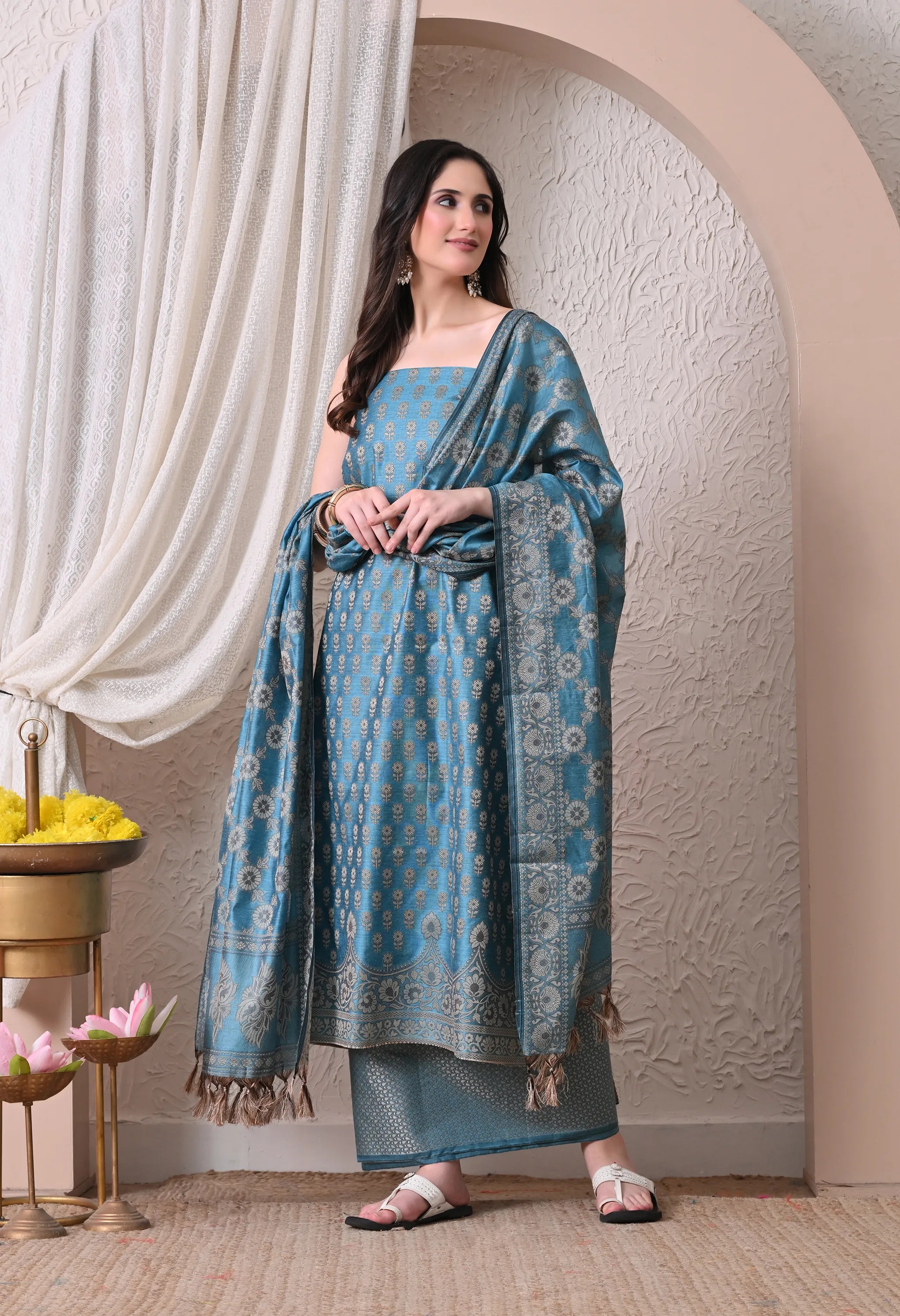 Elegant Teal Blue and Gold Woven Silk Unstitched Salwar Suit Material with Banarasi Style Dupatta