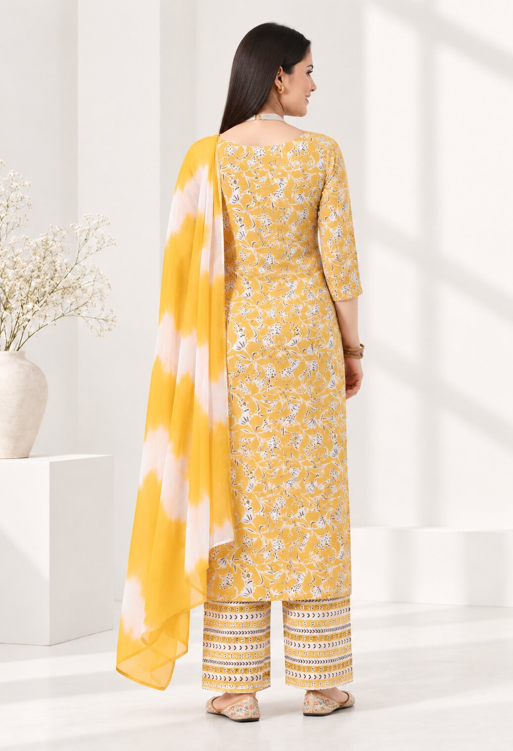 Yellow Cotton Printed Straight Kurta Set with Chiffon Dupatta