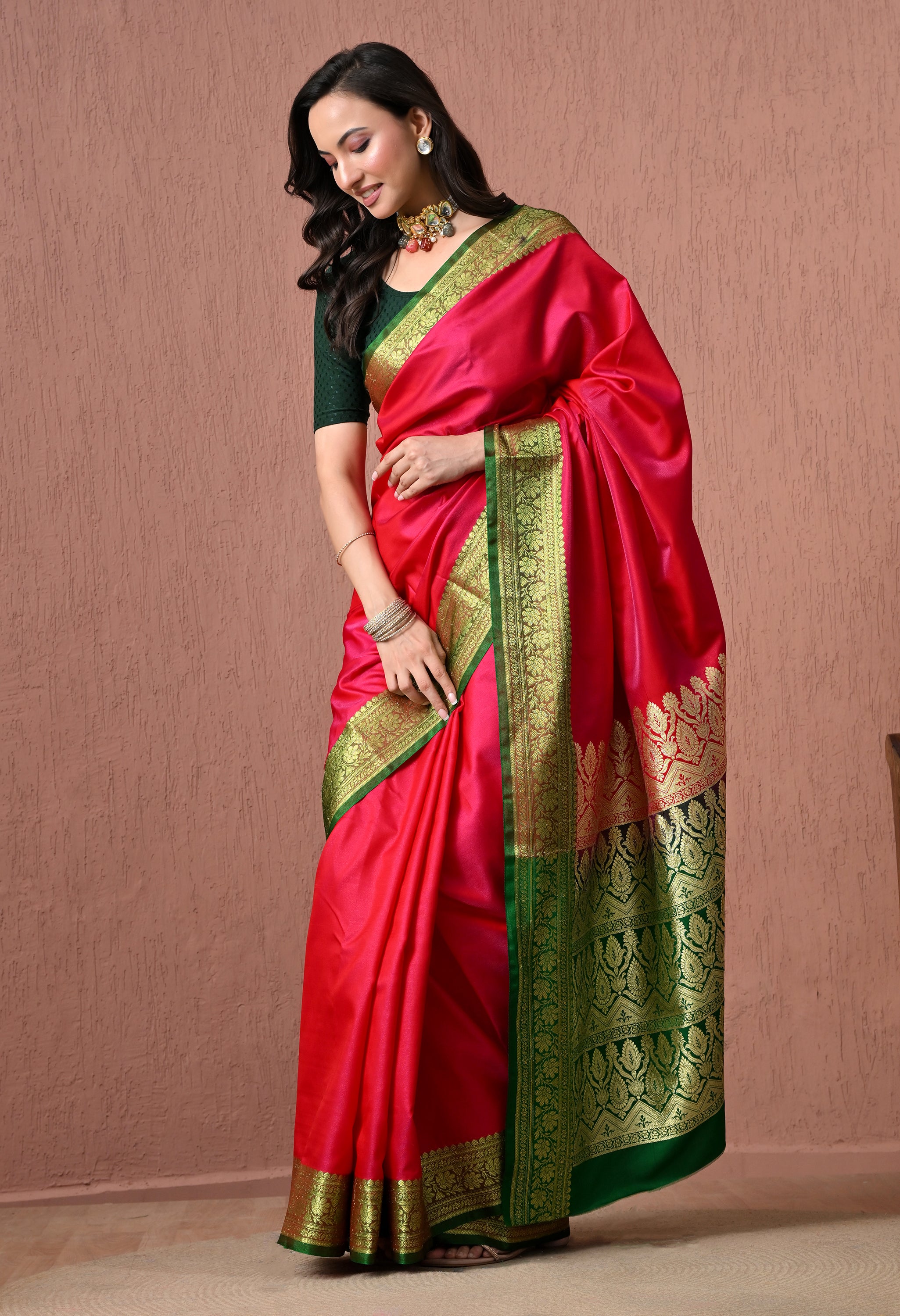 Pure  Silk Banarasi Saree in Red with Emerald Green Zari Border