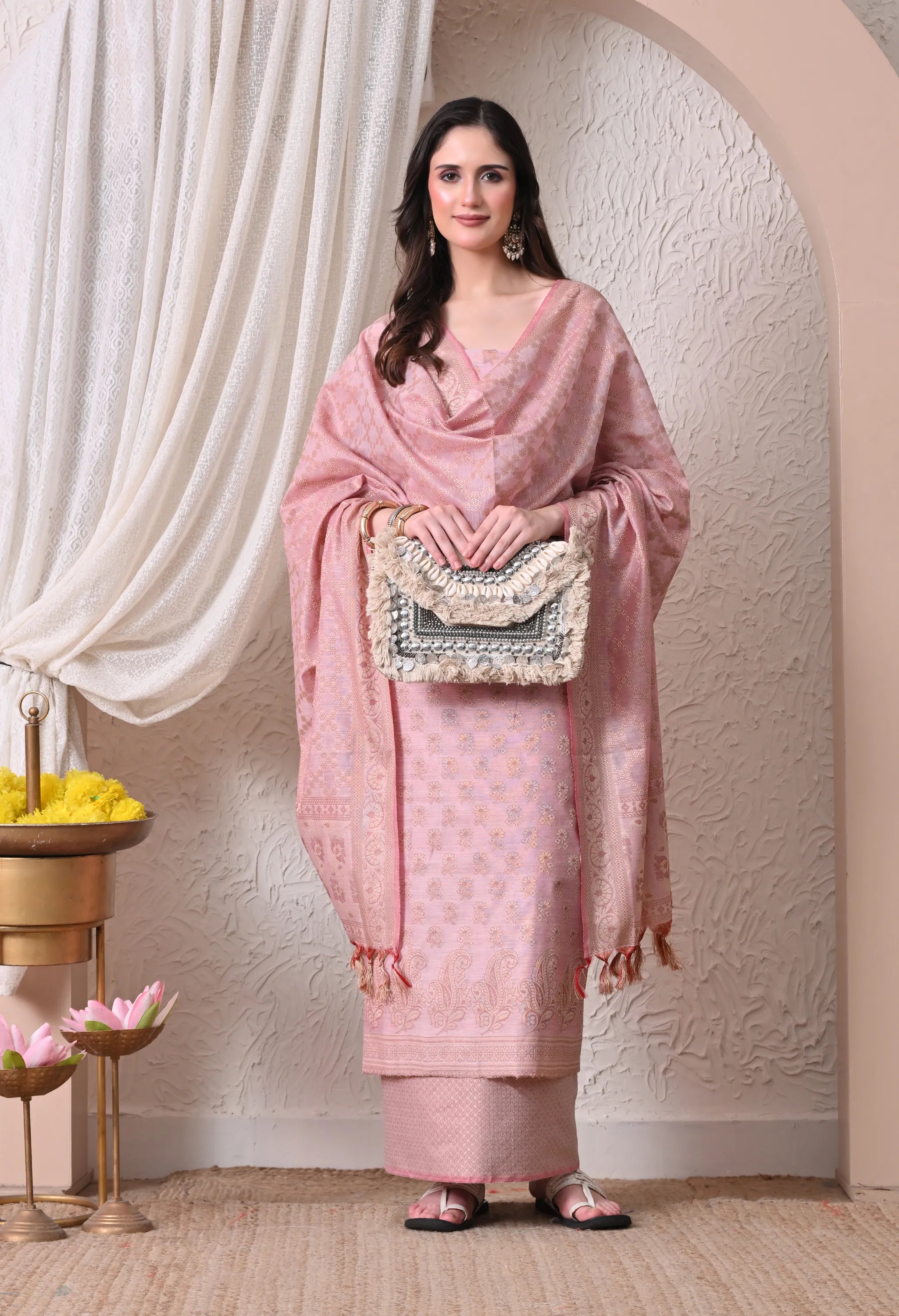 Elegant Onion Pink and Gold Woven Silk Unstitched Salwar Suit Material with Banarasi Style Dupatta