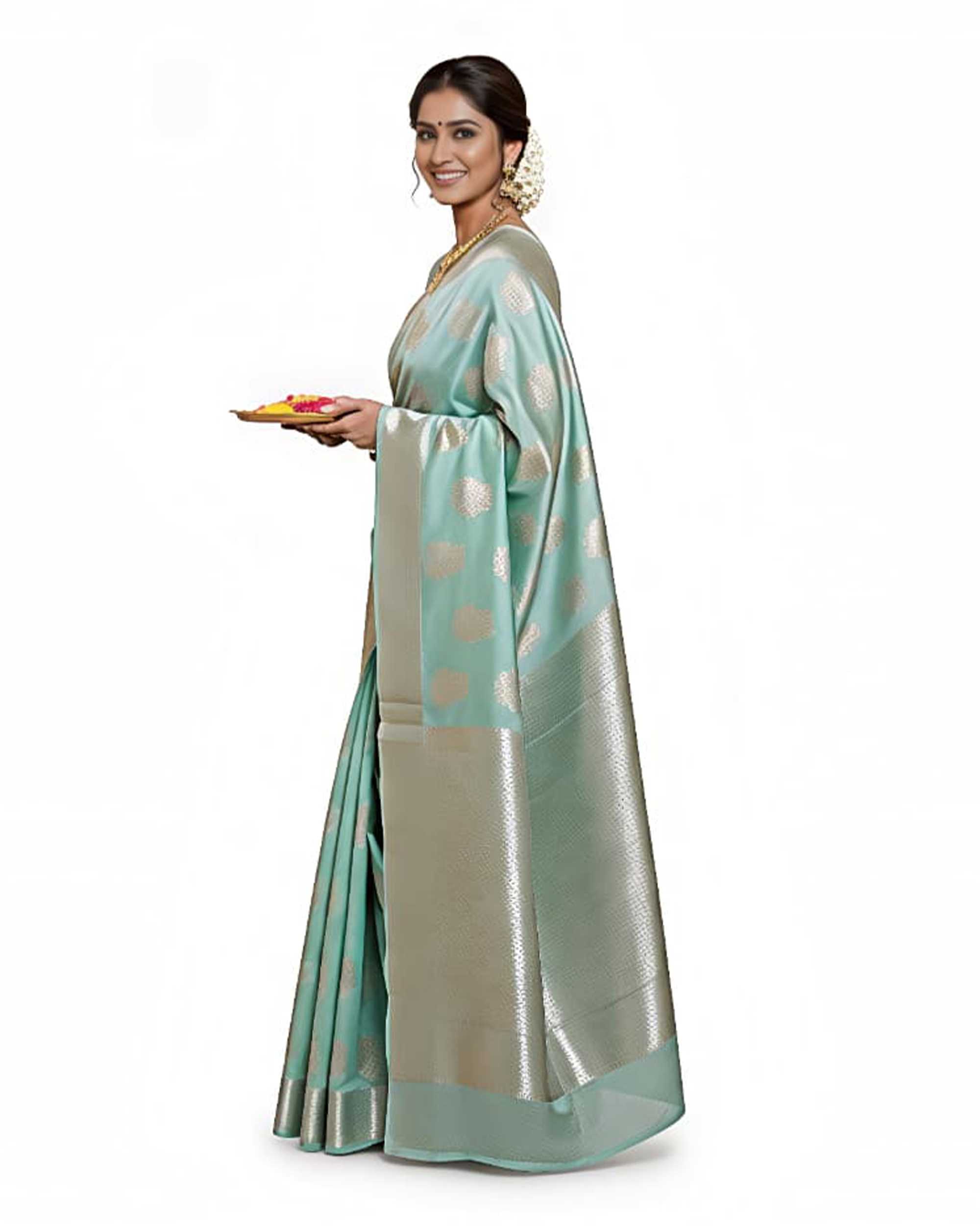 Sea Green & Silver-Toned Woven Design Banarasi Silk Saree with Blouse Piece