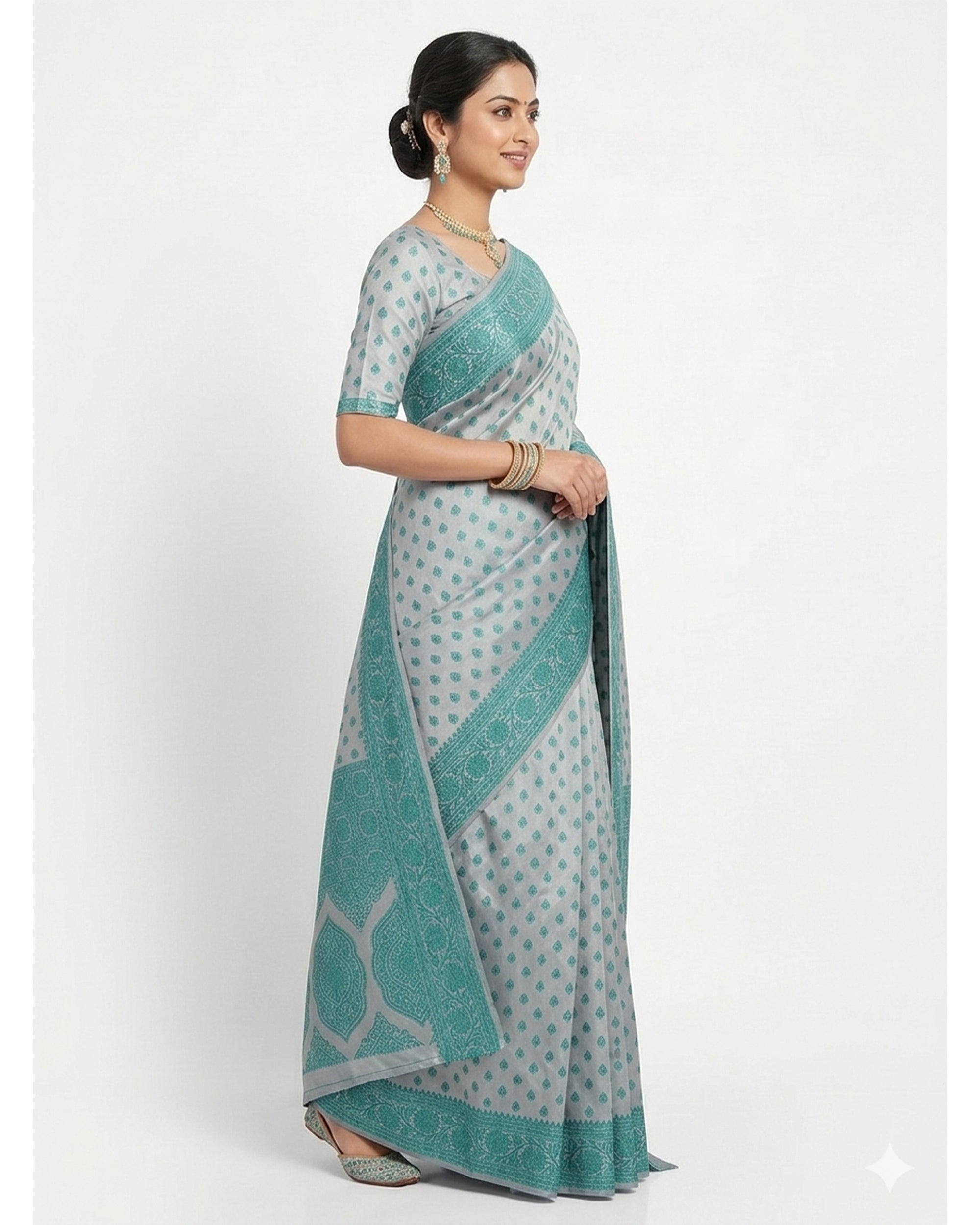 Grey & Sea-Green Woven Design Banarasi Saree