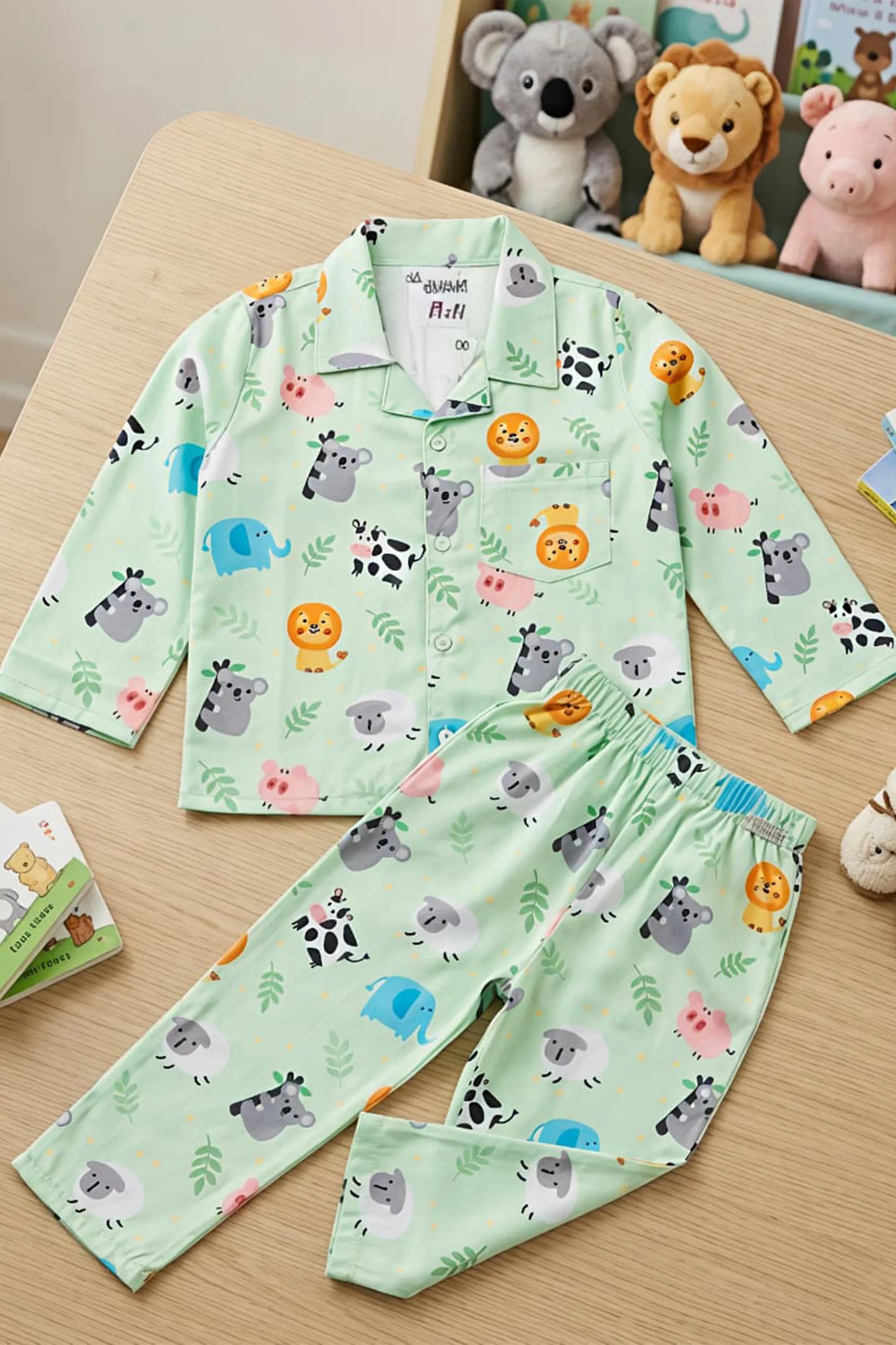 Kids Mint Green Animal Print Satin Nightsuit Set