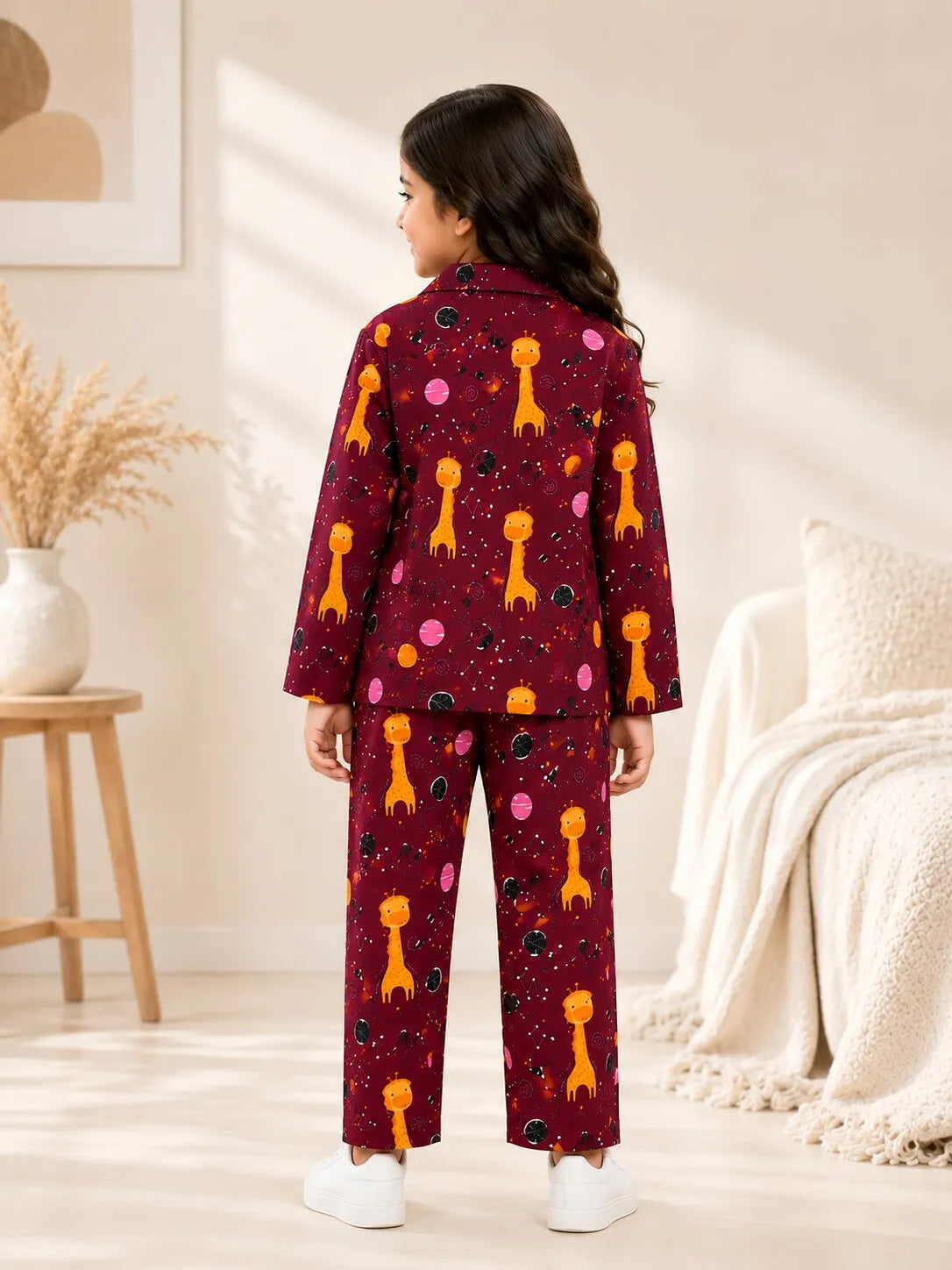 Kids Girls  Maroon & Yellow Printed Pure Cotton Night Suit