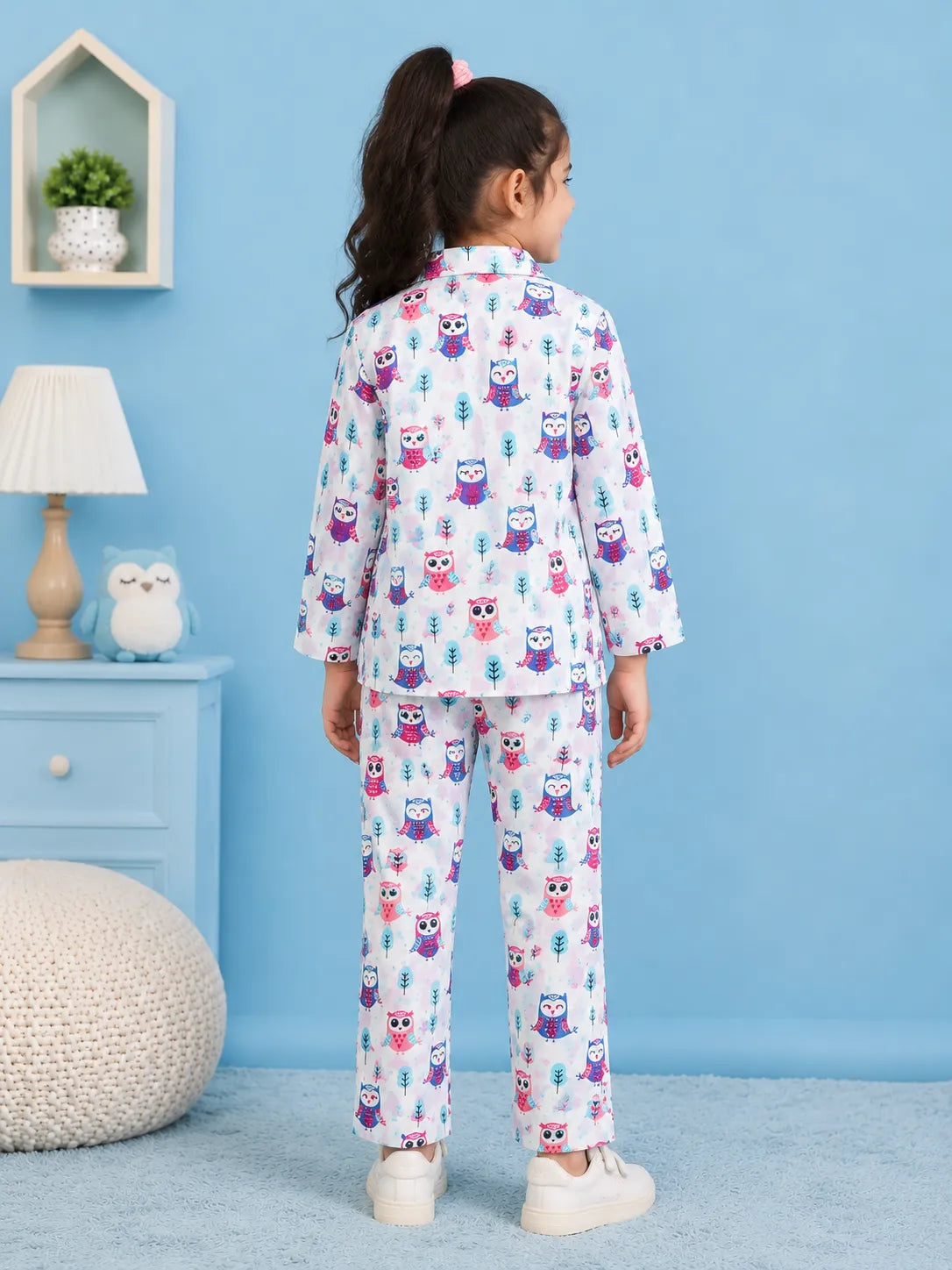 Kids' White & Purple Owl Print Pure Cotton Girls Night Suit