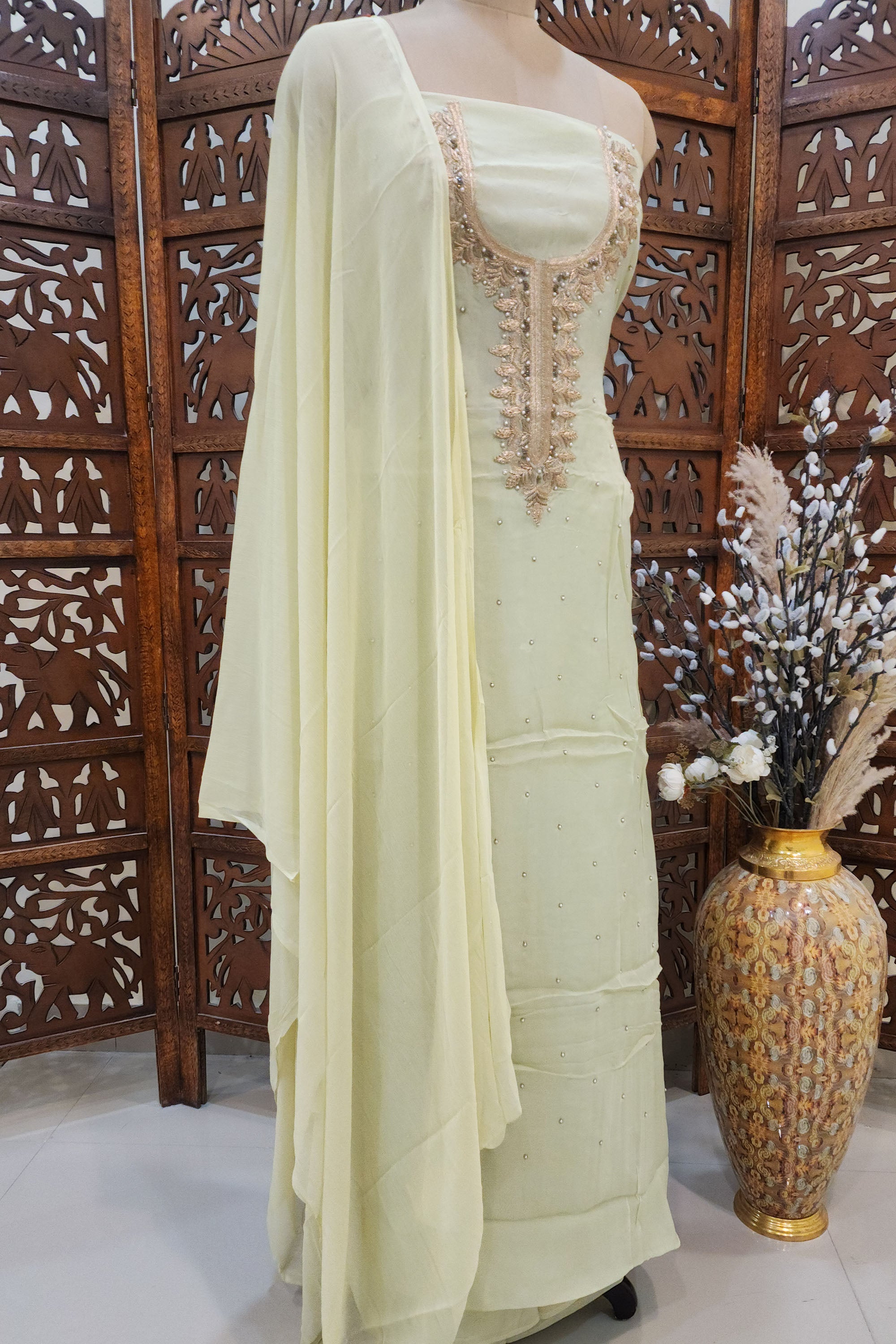 Lime Green Crepe Mirror-Work Unstitched Dress Material with Crepe  Dupatta