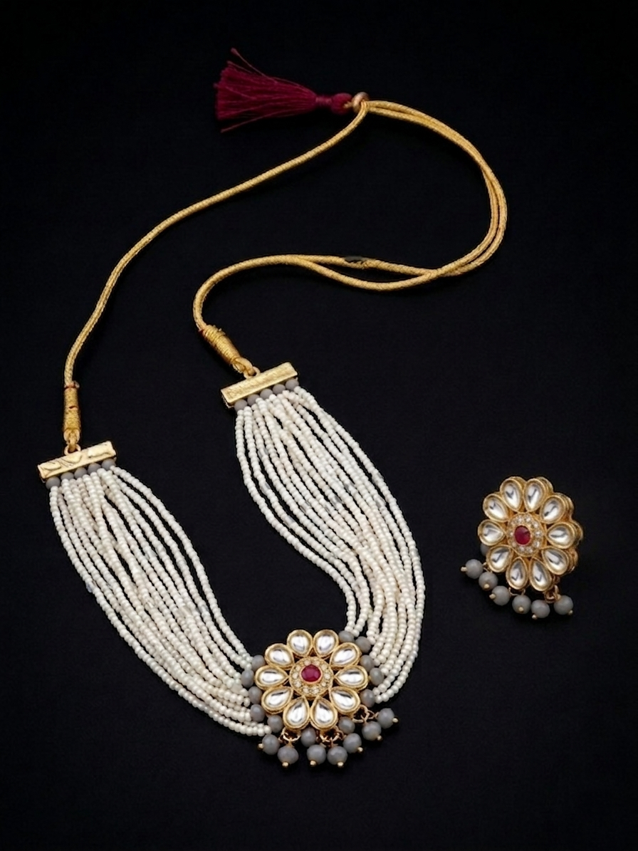 Gold-Toned & Off-White Handcrafted Multi-Strand Pearl Necklace with Nosepin