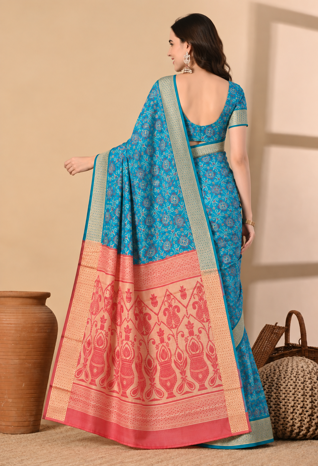Turquoise Blue & Peach Traditional Woven Printed Saree with Designer Pallu