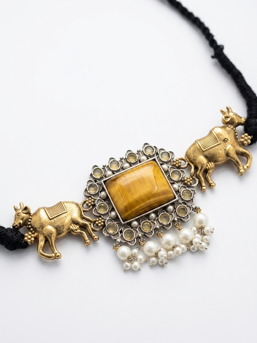 Gold-Toned & Silver-Plated Handcrafted Temple Jewellery Set with Cow Motifs and Ochre Stones