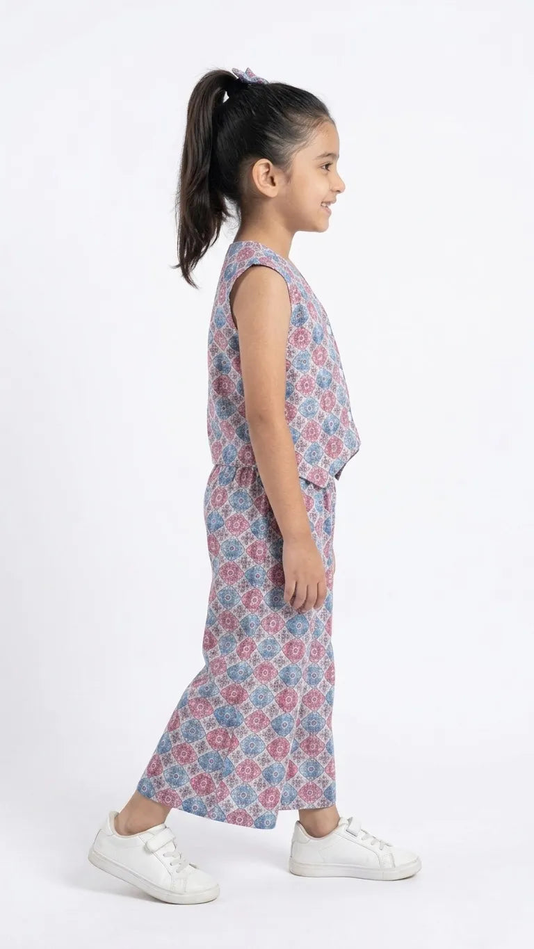 Girls' Geometric Printed V-Neck Waistcoat with Palazzo Set
