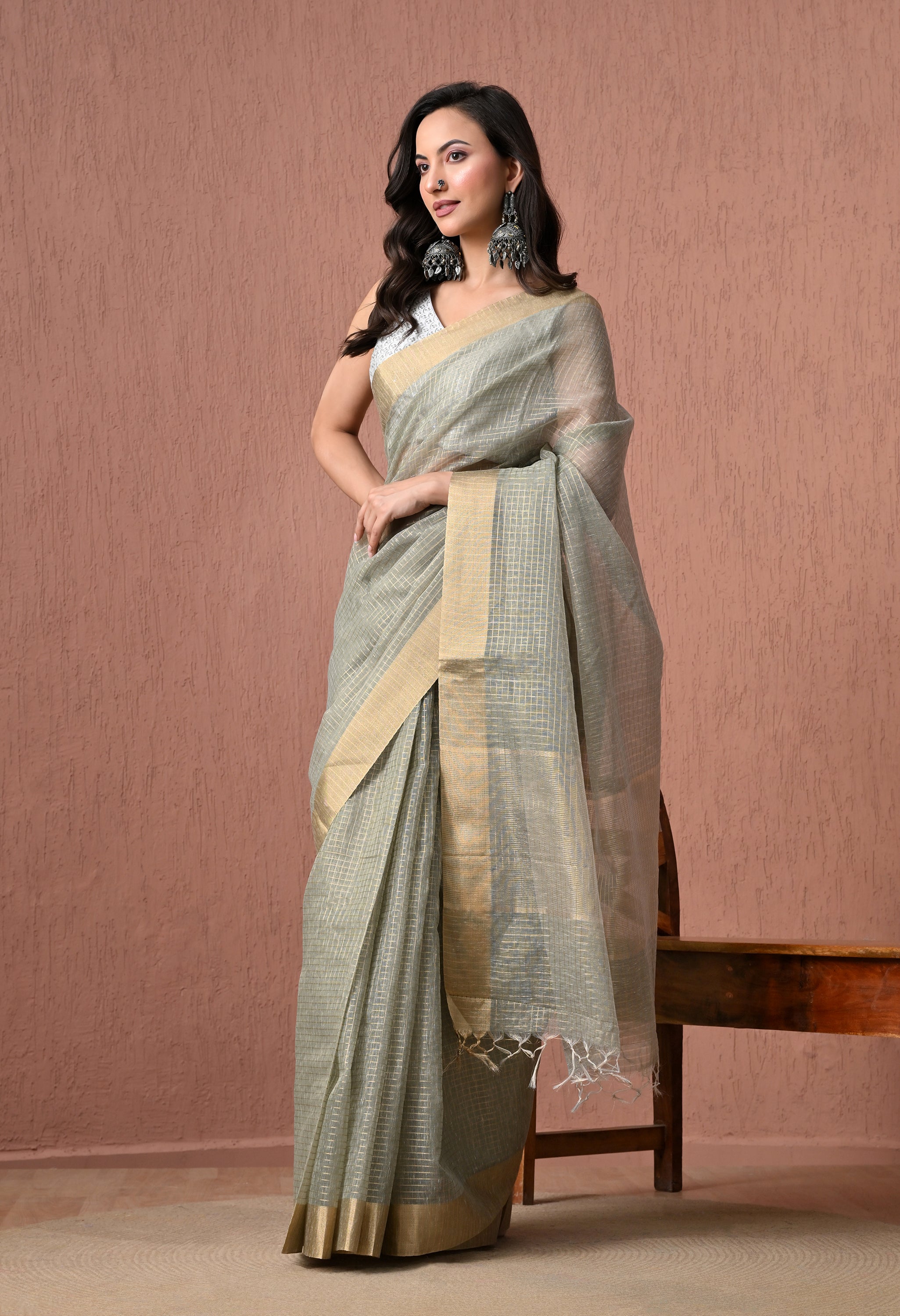 Sage Green Pure Cotton  Saree with Golden Zari Border.