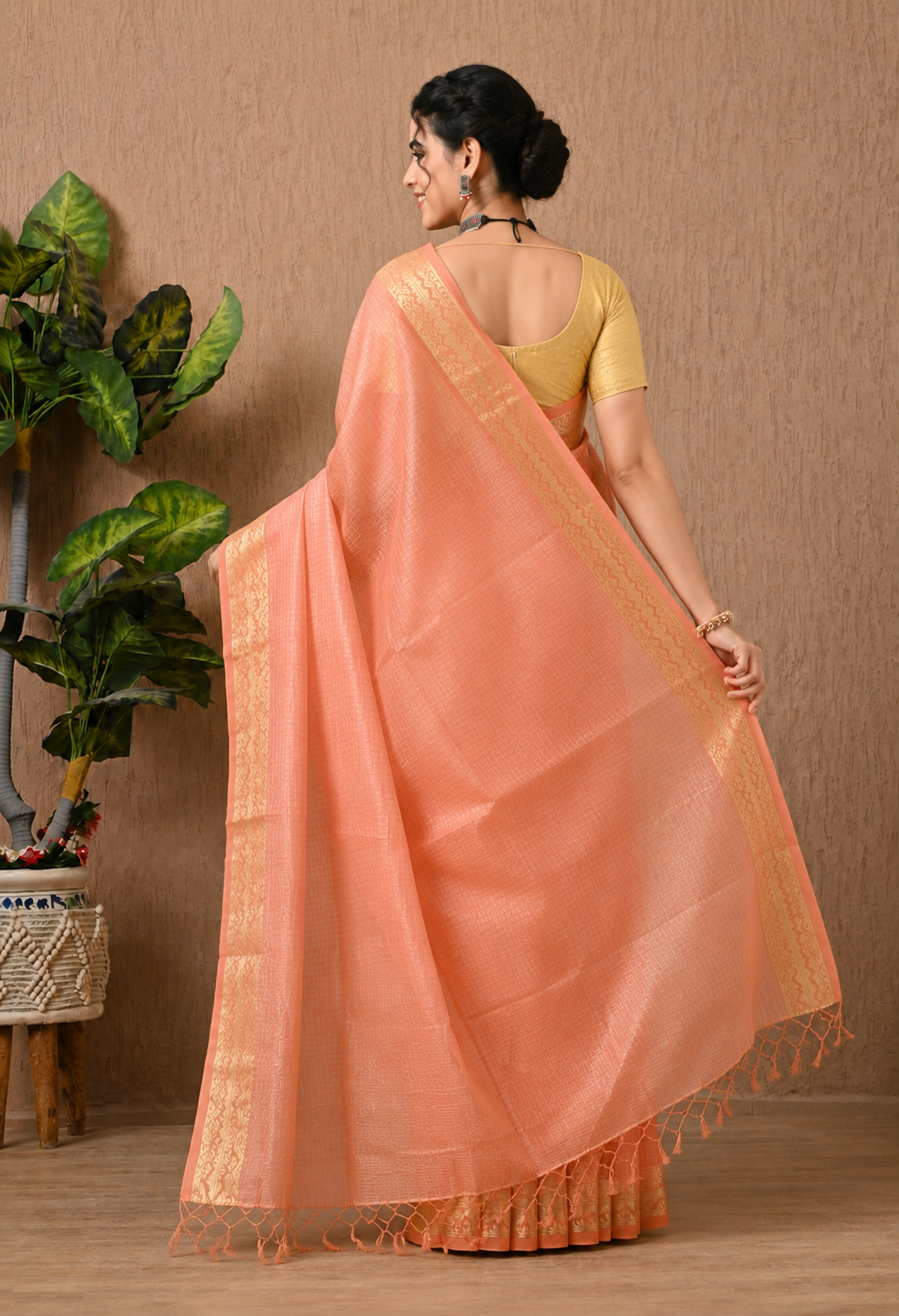 Peach Cotton Saree with Golden Woven Border