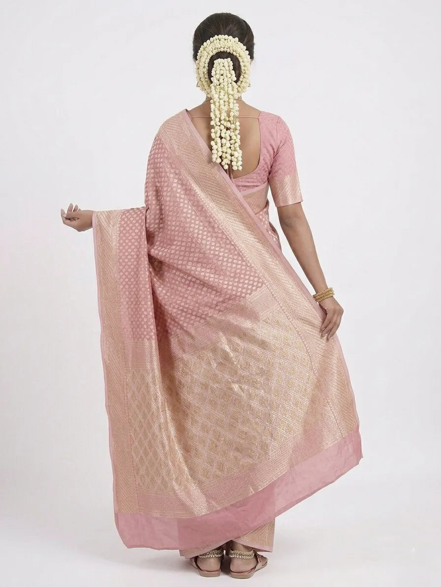 Candy Pink & Gold-Toned Woven Design Banarasi Saree with Unstitched Blouse Piece