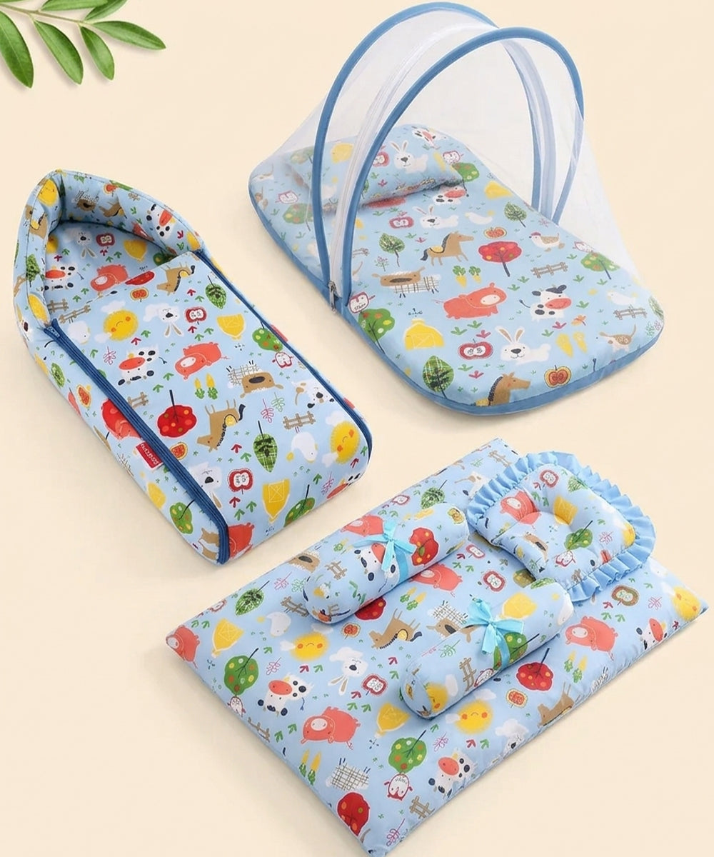 Unisex Infants Blue & White Printed 3-in-1 Bedding Combo – Carry Nest, Mattress with Net & Gadda Set