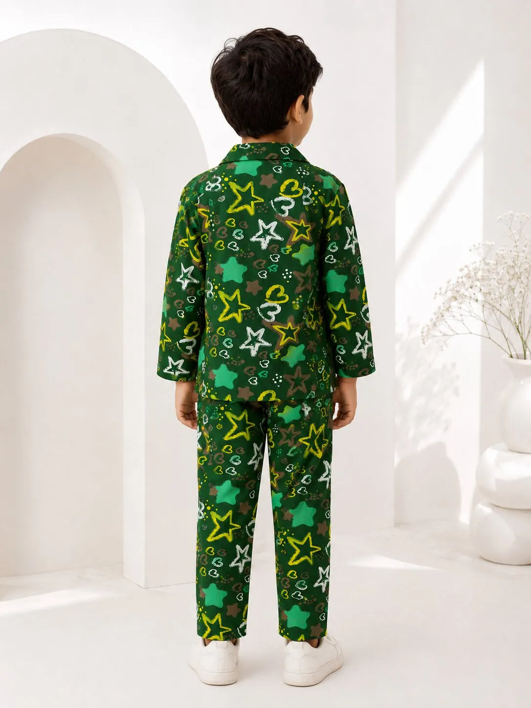 Boys Olive Green & Yellow Star Printed Pure Cotton Night Suit