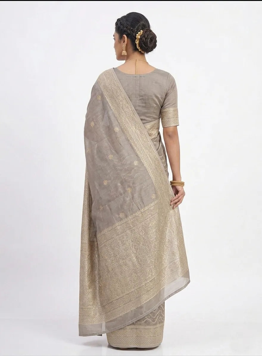 Grey & Gold-Toned Woven Design Banarasi Silk Saree with Unstitched Blouse Piece