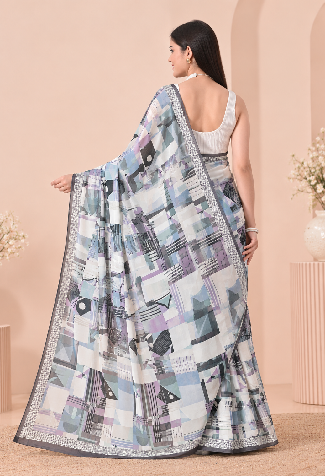 Elegant Multicolour Geometric Printed Saree with Contemporary Pallu
