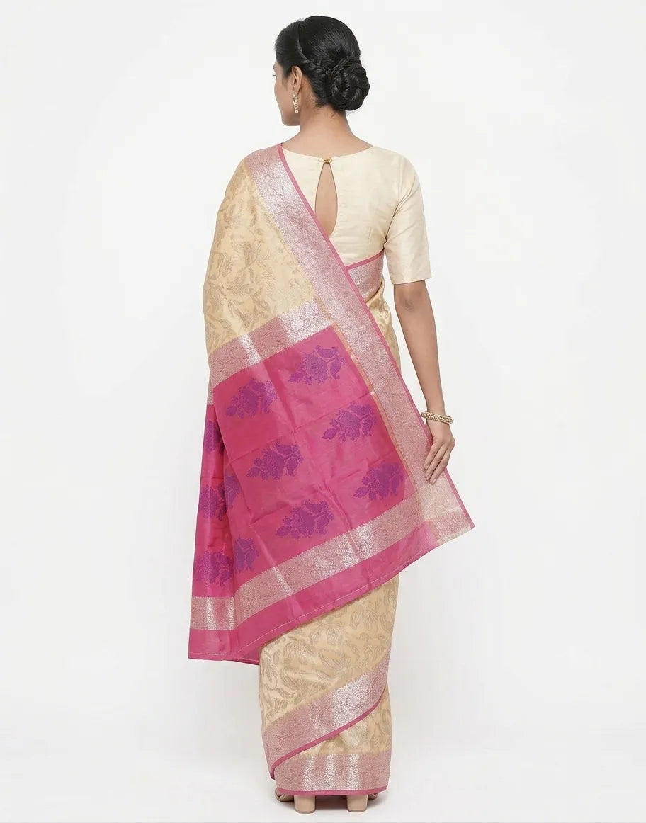 Cream & Pink Kanjeevaram Style Woven Design Silk Blend Saree