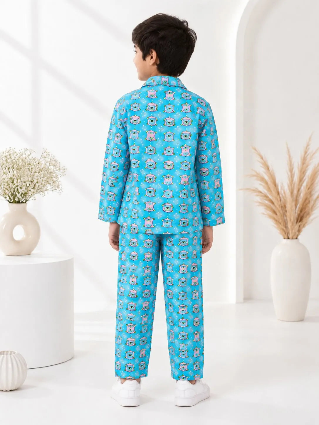 Boys Light Blue & Pink Pug Printed Pure Cotton Night Suit