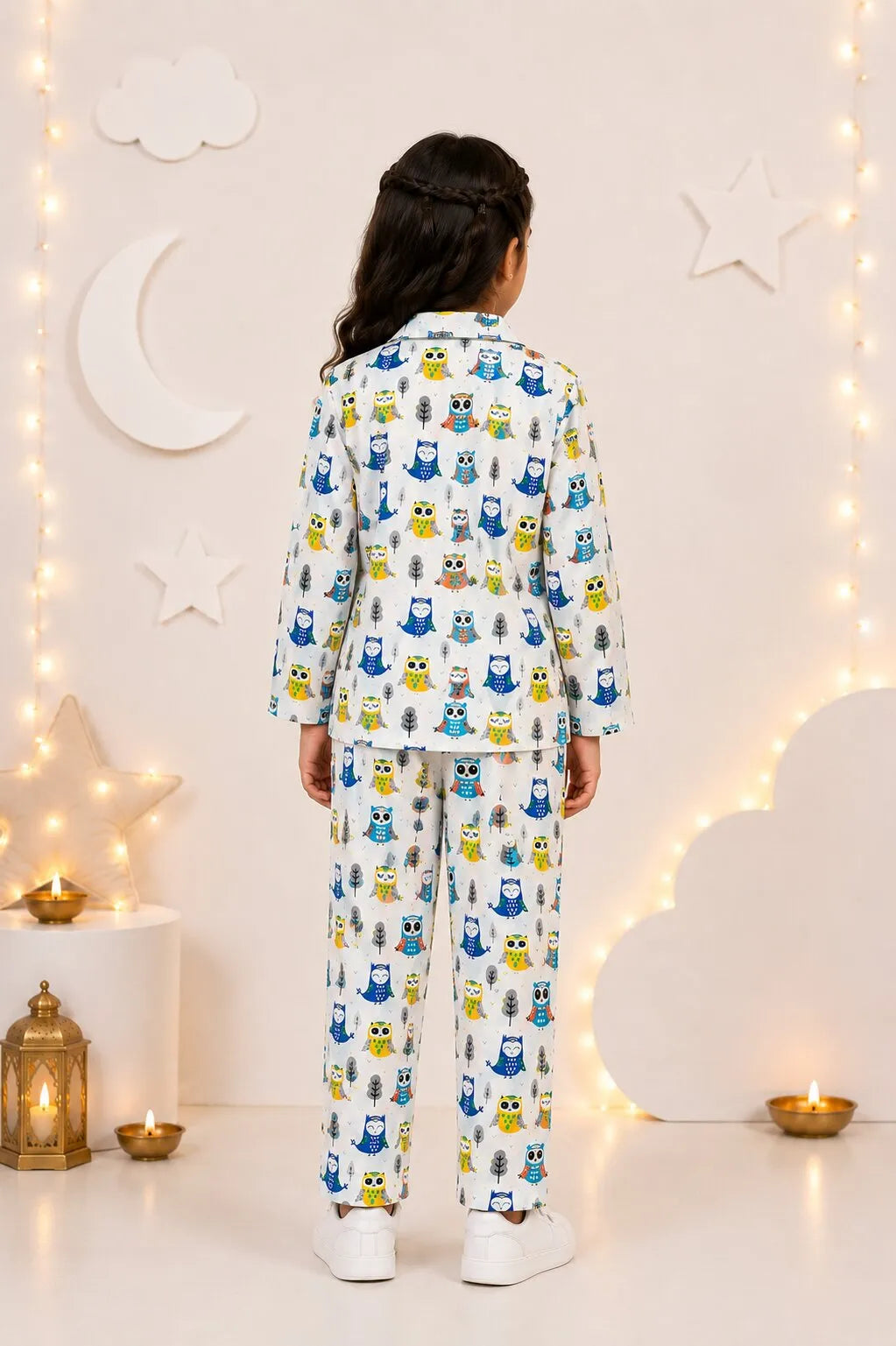 White & Blue Owl Print Pure Cotton Girls Night Suit