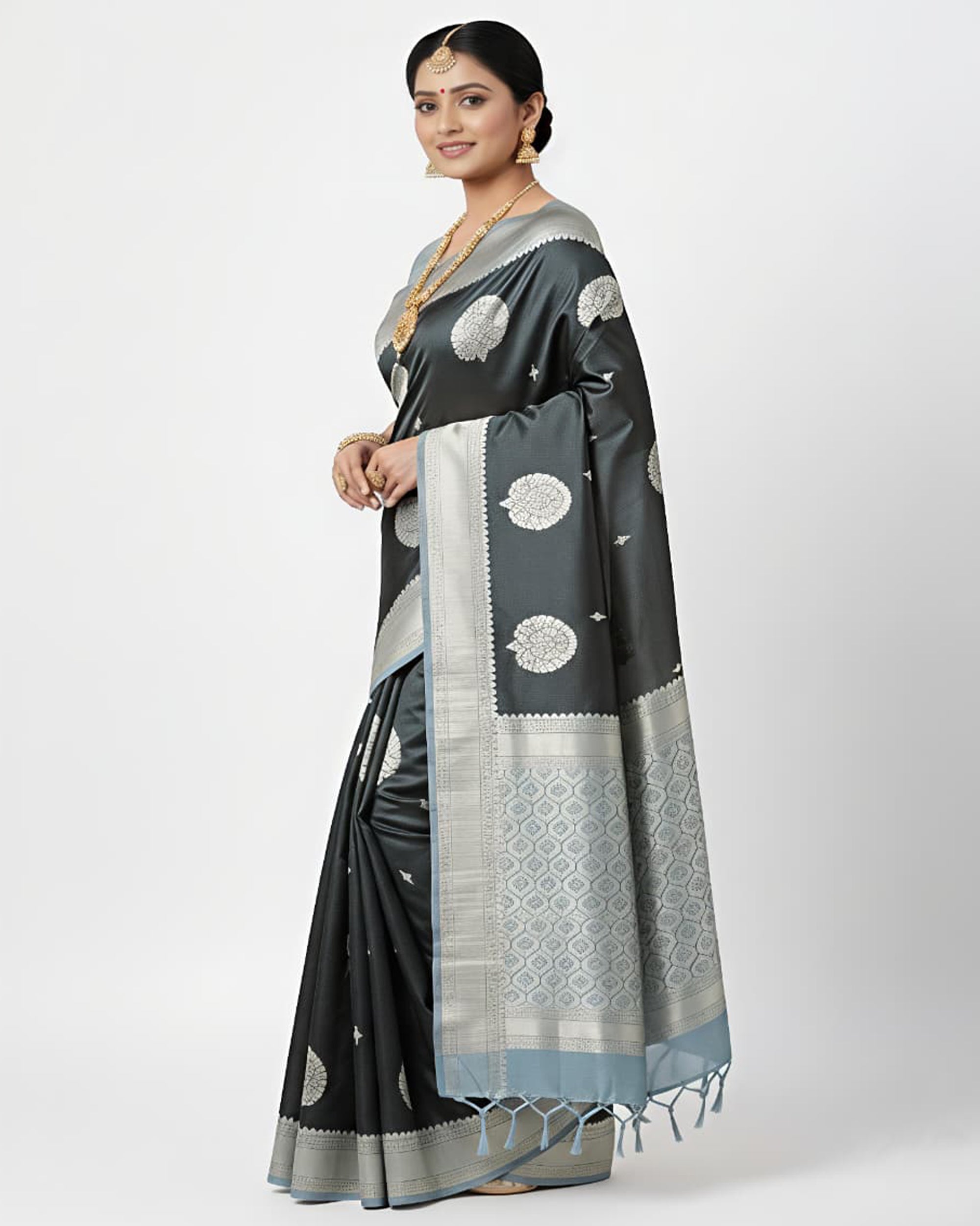 Charcoal Grey & Silver-Toned Art Silk Kanjeevaram Style Saree with Blouse Piece