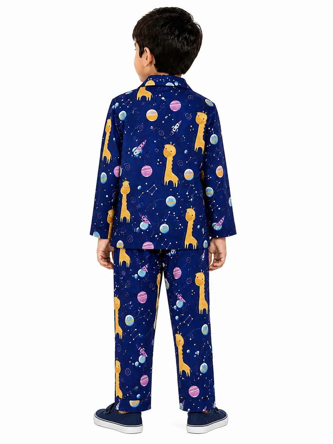 Kids Boys Navy Blue & Yellow Giraffes in Space Printed Night Suit