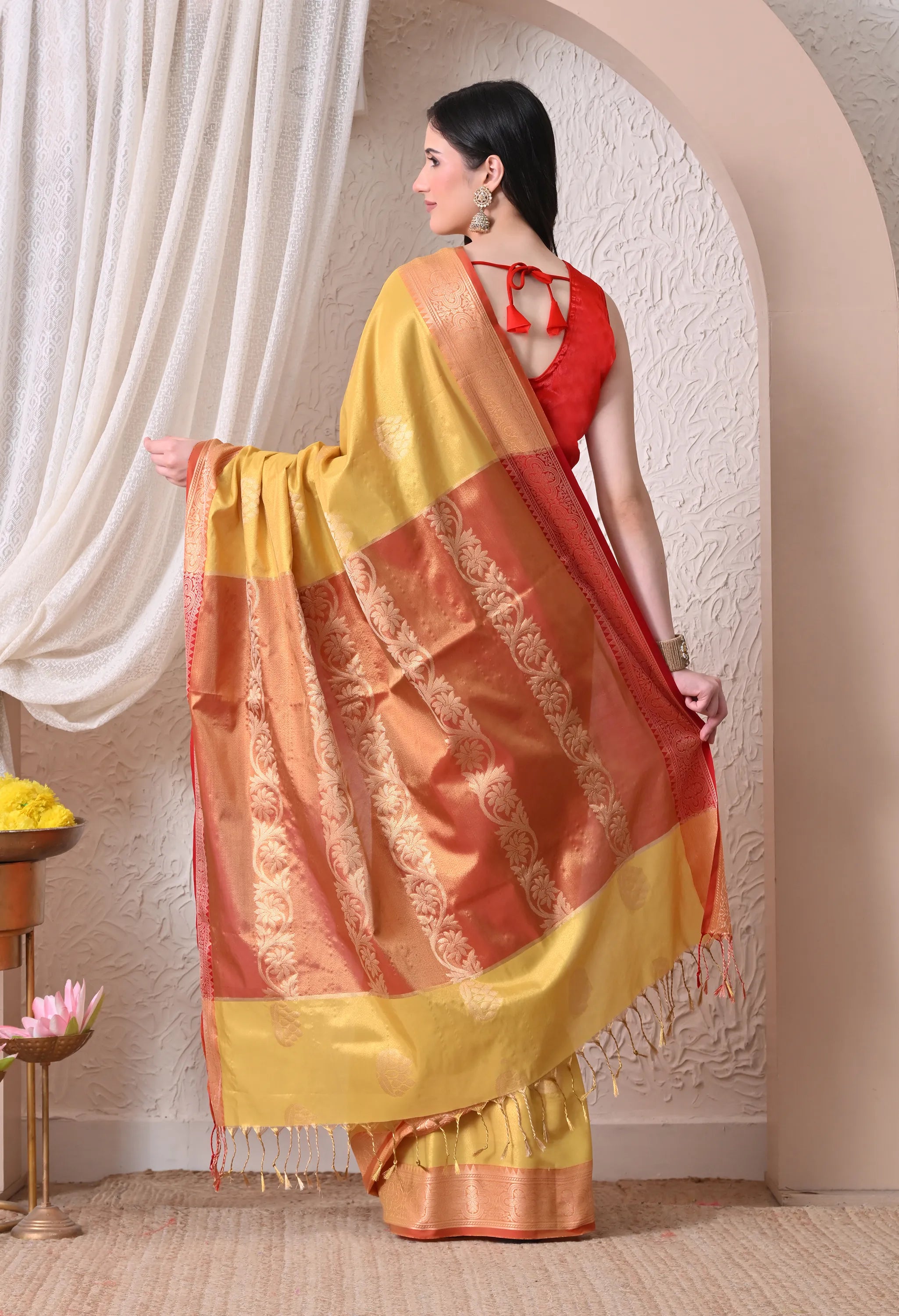 Mustard Yellow & Rust Red Silk Blend Banarasi Saree with Lotus Butis