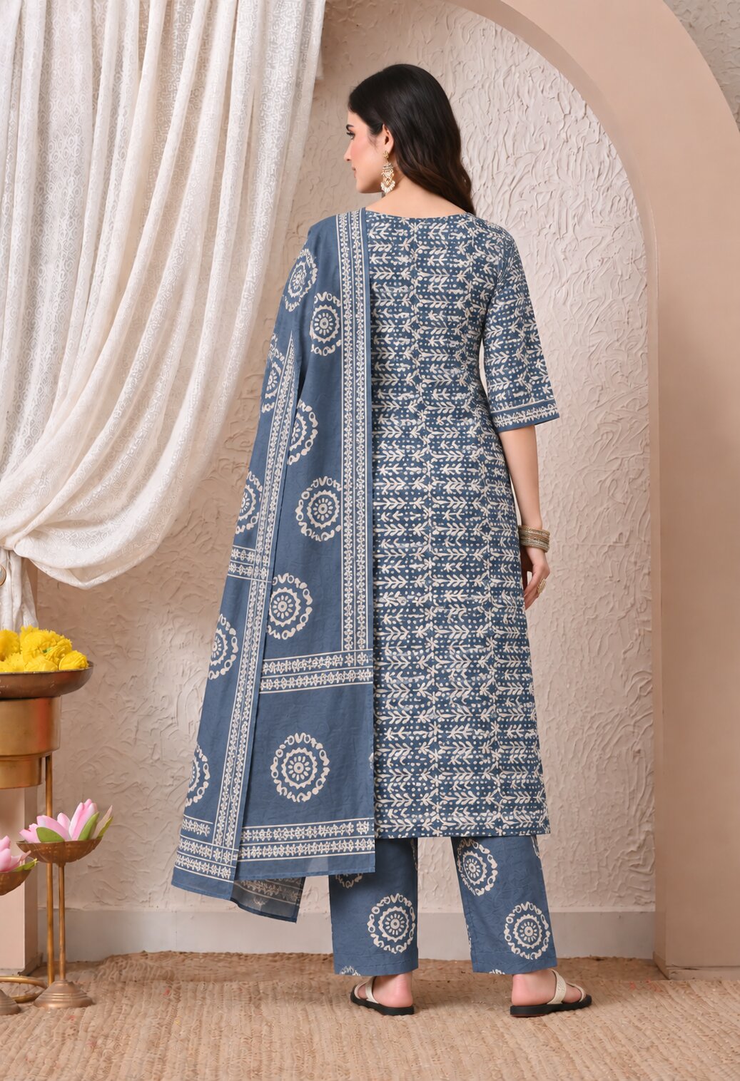 Blue Printed Cotton Suit Set with Matching Cotton Dupatta
