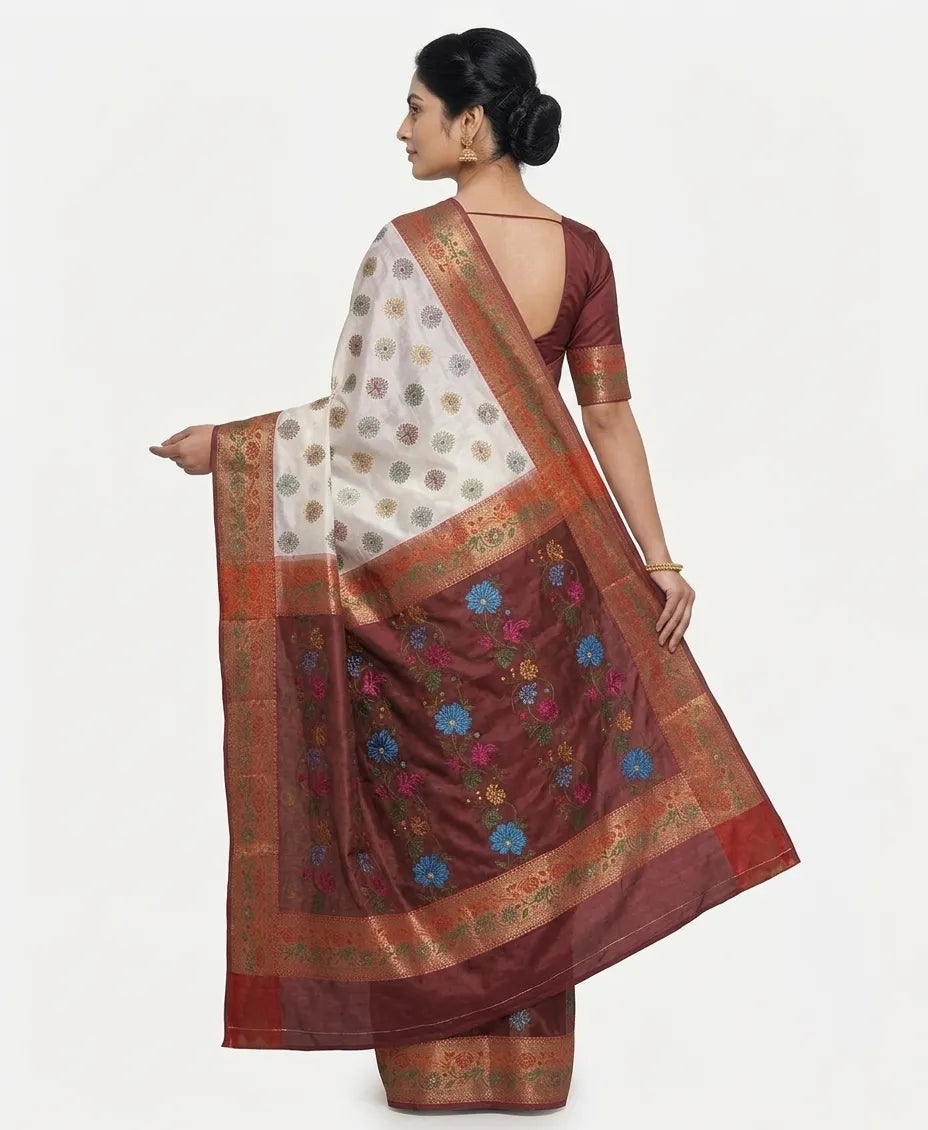 Off-White & Maroon Silk Blend Saree with Floral Woven Butta Design