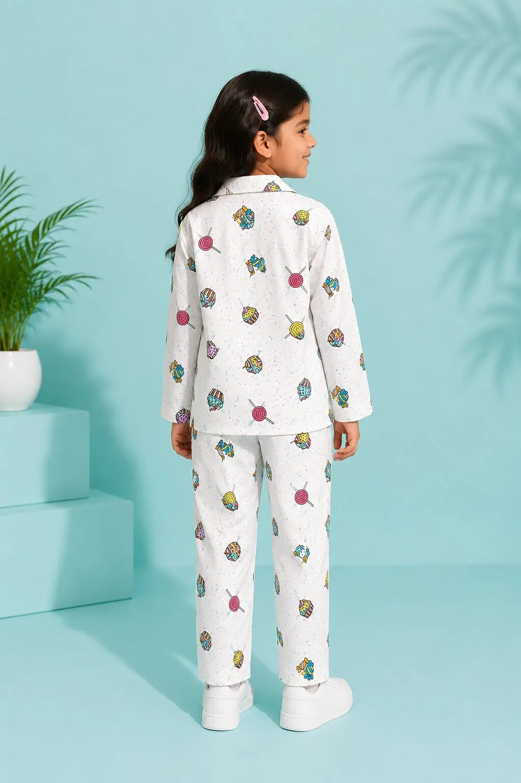 Kids White & Multi-Coloured Printed Satin Night Suit