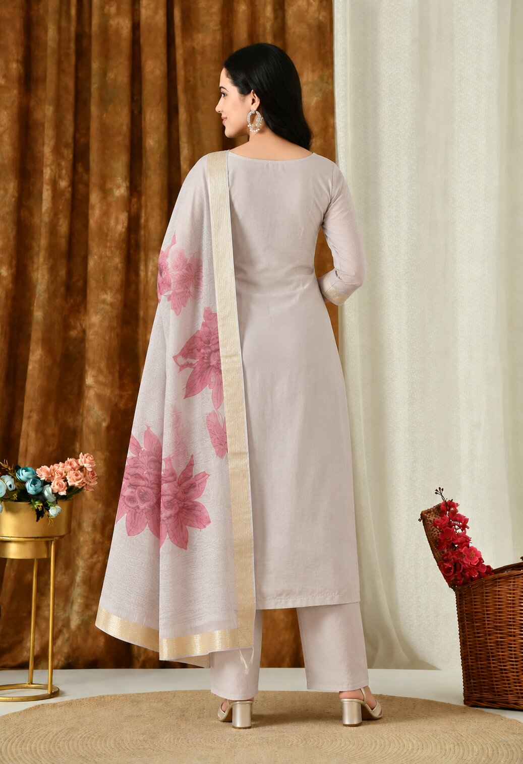 Chanderi Silk Embroidered Suit Set with Organza Dupatta