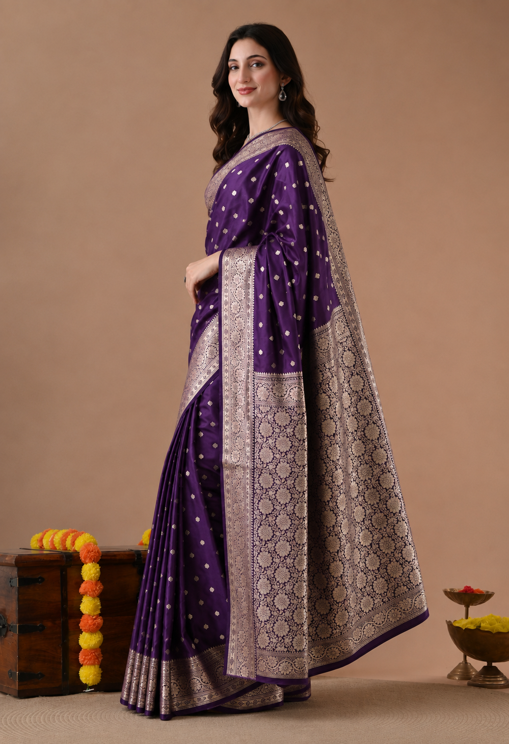 Purple Art Silk Zari Woven Banarasi Saree with Floral Pallu