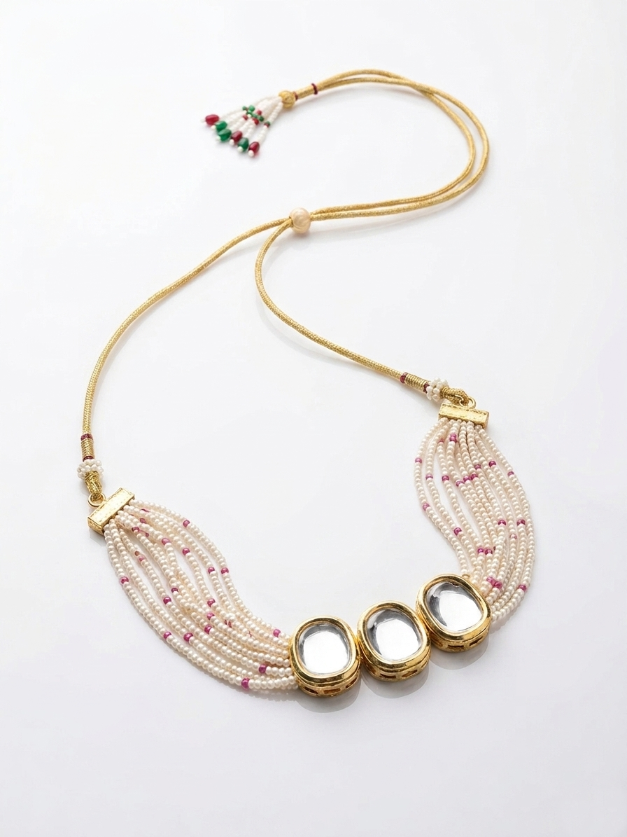 Gold-Toned & White Necklace with Multi-Strand Pearls