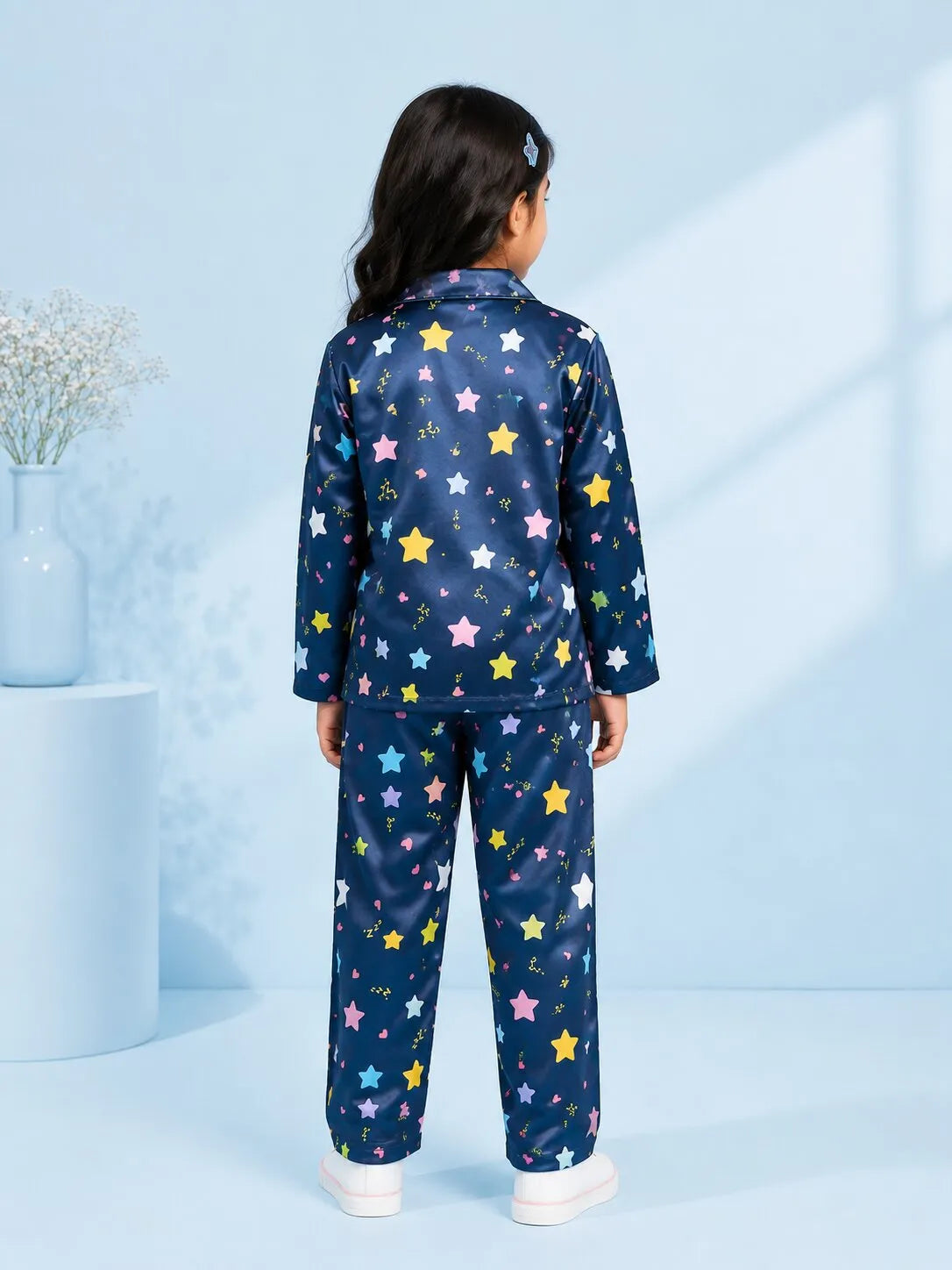 Girls Navy Blue & Multi-Colored Star Print Satin Night Suit
