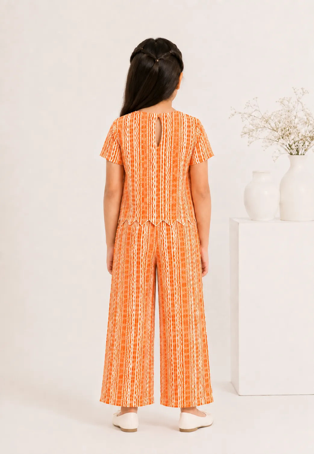 Girls Orange Vertical Printed Co-ord Set  Scallop Hem V-Neck Top & Wide-Leg Trousers