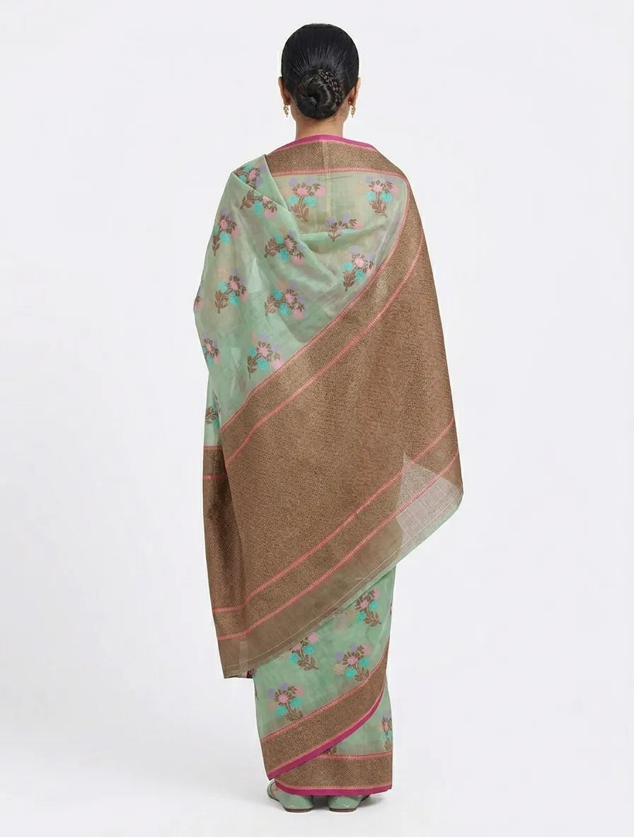 Sea Green Floral Printed Chanderi Silk Saree with Zari Border