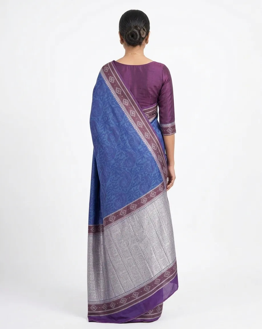 Royal Blue & Purple Floral Woven Design Silk Blend Saree